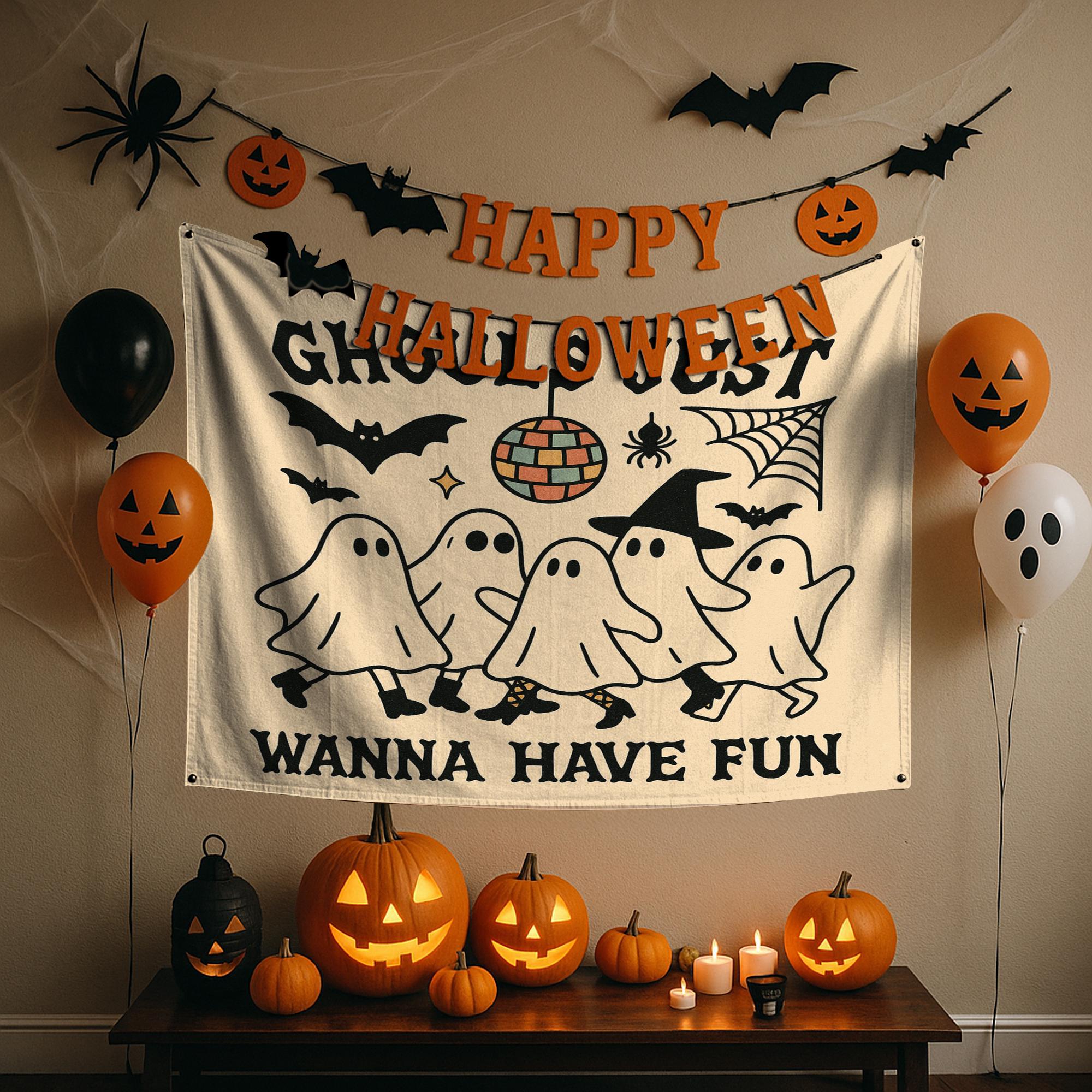 Ghouls Just Wanna Have Fun Tapestry – Halloween Girl Party Wall Hanging – Spooky Cute Ghost Dance Party Decor