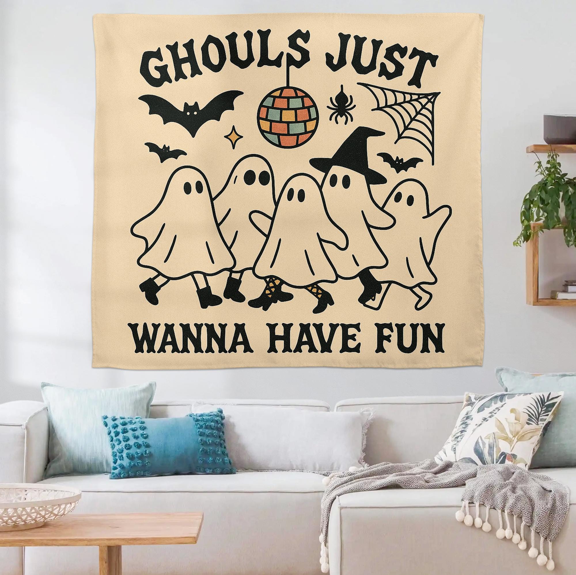 Ghouls Just Wanna Have Fun Tapestry – Halloween Girl Party Wall Hanging – Spooky Cute Ghost Dance Party Decor