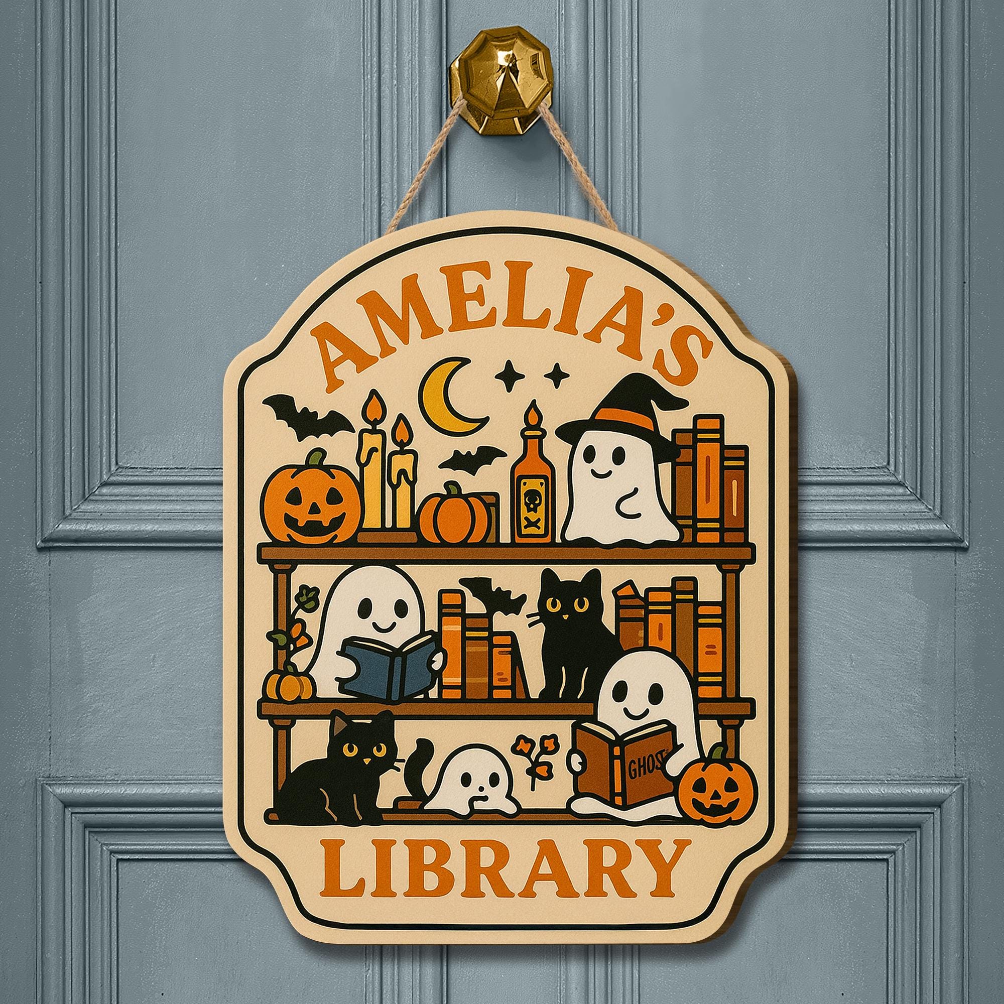 Custom Halloween Library Door Sign – Personalized Ghost and Cat Book Lover Plaque – Spooky Reading Room Decor