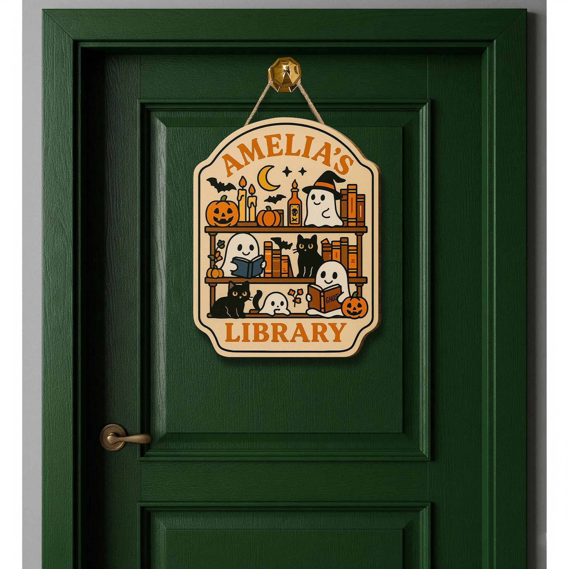 Custom Halloween Library Door Sign – Personalized Ghost and Cat Book Lover Plaque – Spooky Reading Room Decor