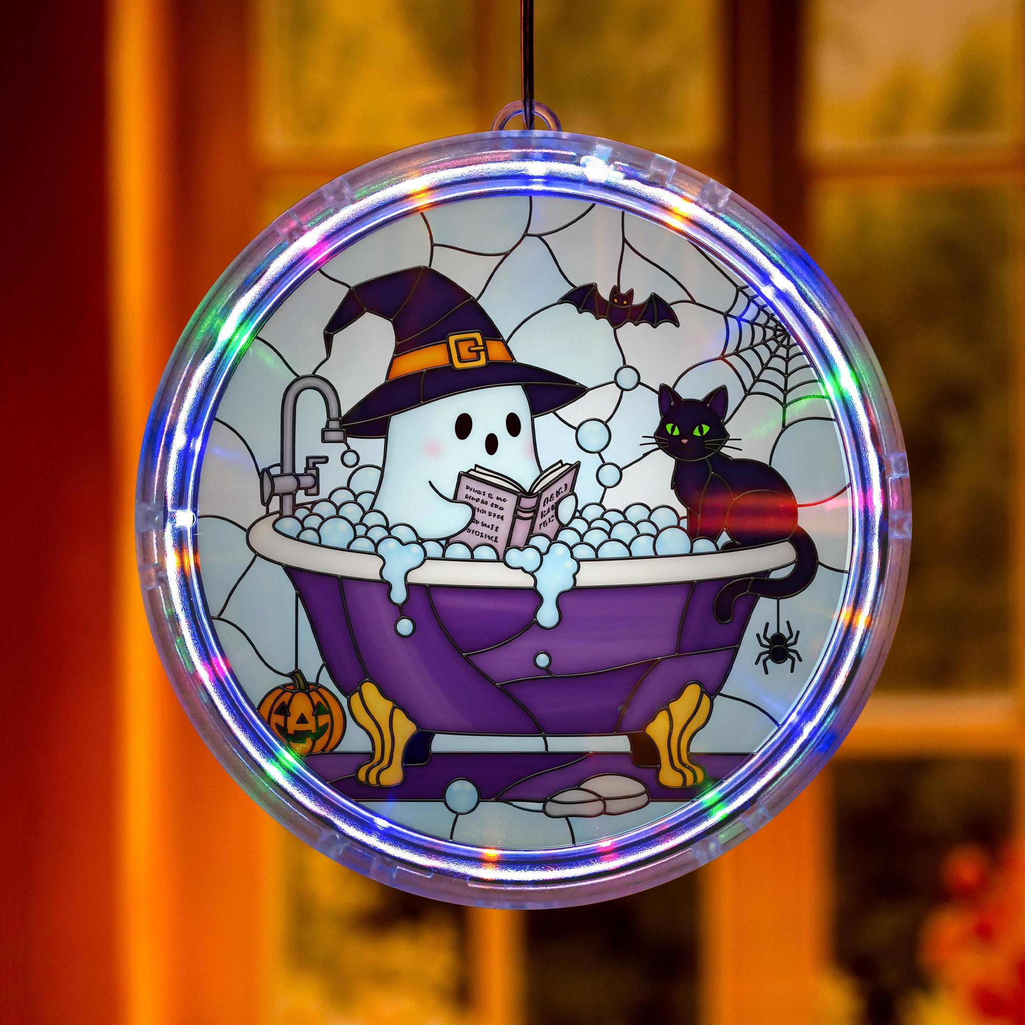 Bookish Ghost Bath LED Hanging Sign – Halloween Acrylic Lighted Window Decor – Spooky Witch Cat Reading in Bathtub
