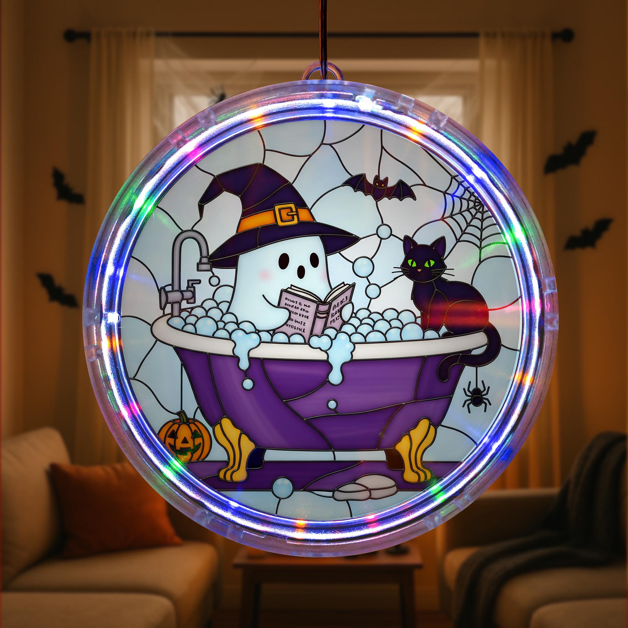 Bookish Ghost Bath LED Hanging Sign – Halloween Acrylic Lighted Window Decor – Spooky Witch Cat Reading in Bathtub