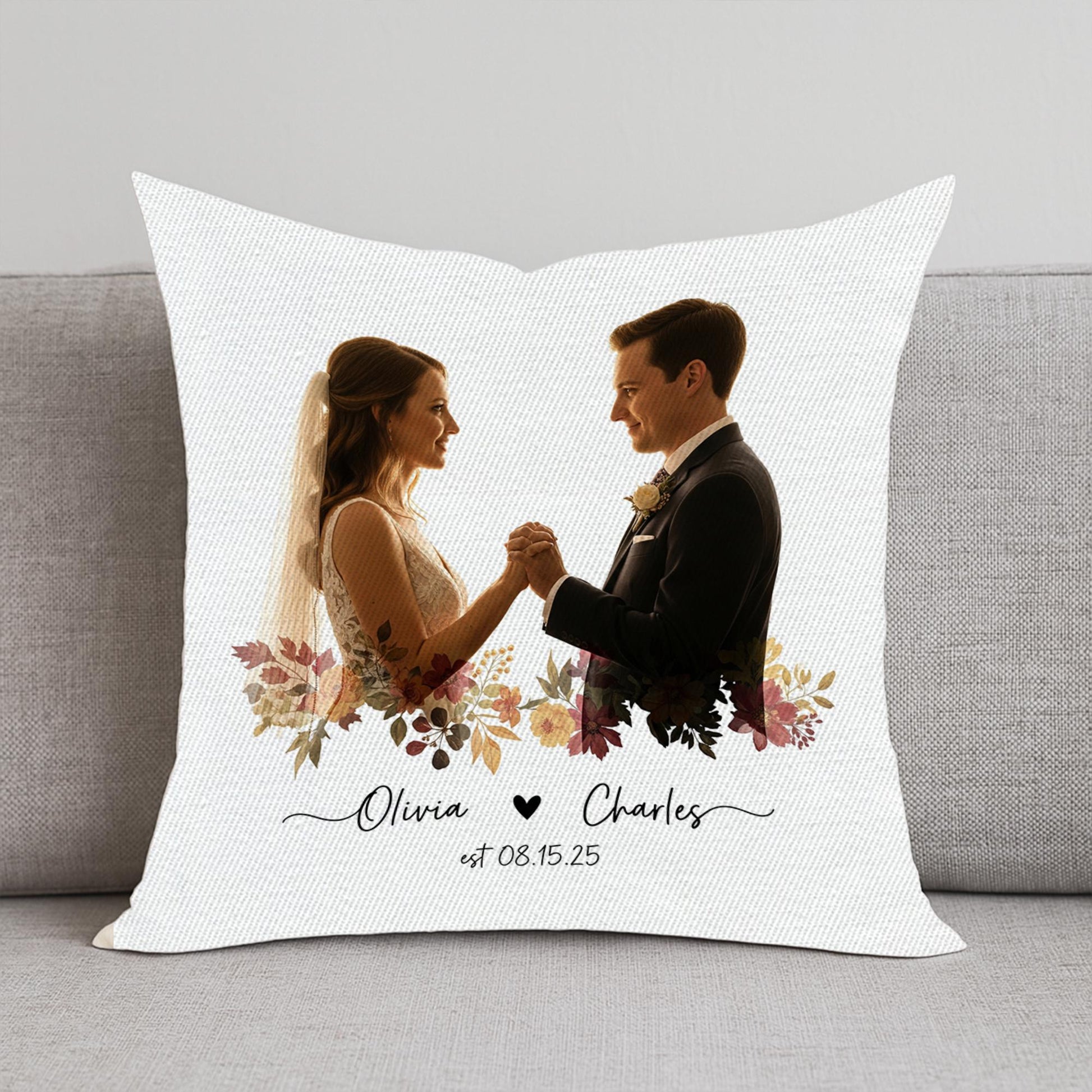 Custom Wedding Photo Pillow – Personalized Couple Pillow with Names & Est. Date, Fall Floral Throw, Anniversary Keepsake Gift