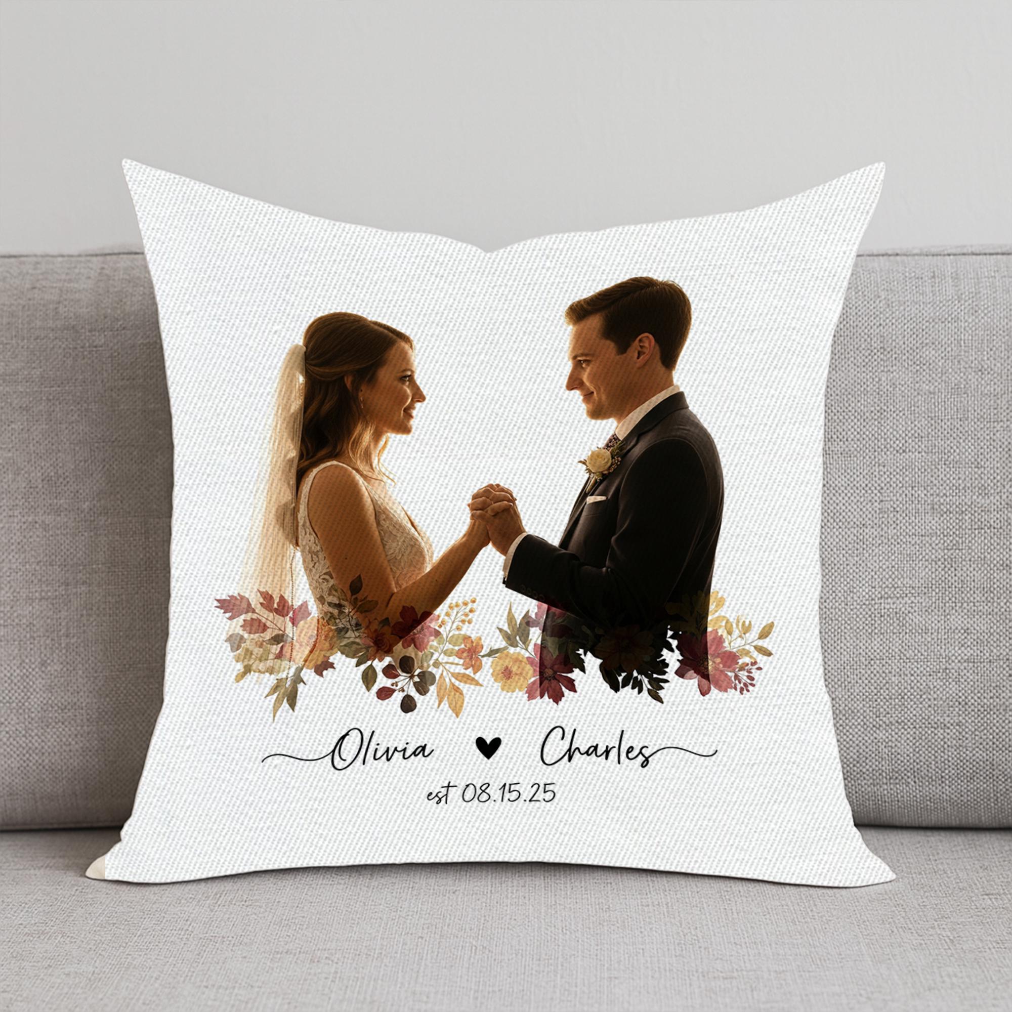 Custom Wedding Photo Pillow – Personalized Couple Pillow with Names & Est. Date, Fall Floral Throw, Anniversary Keepsake Gift