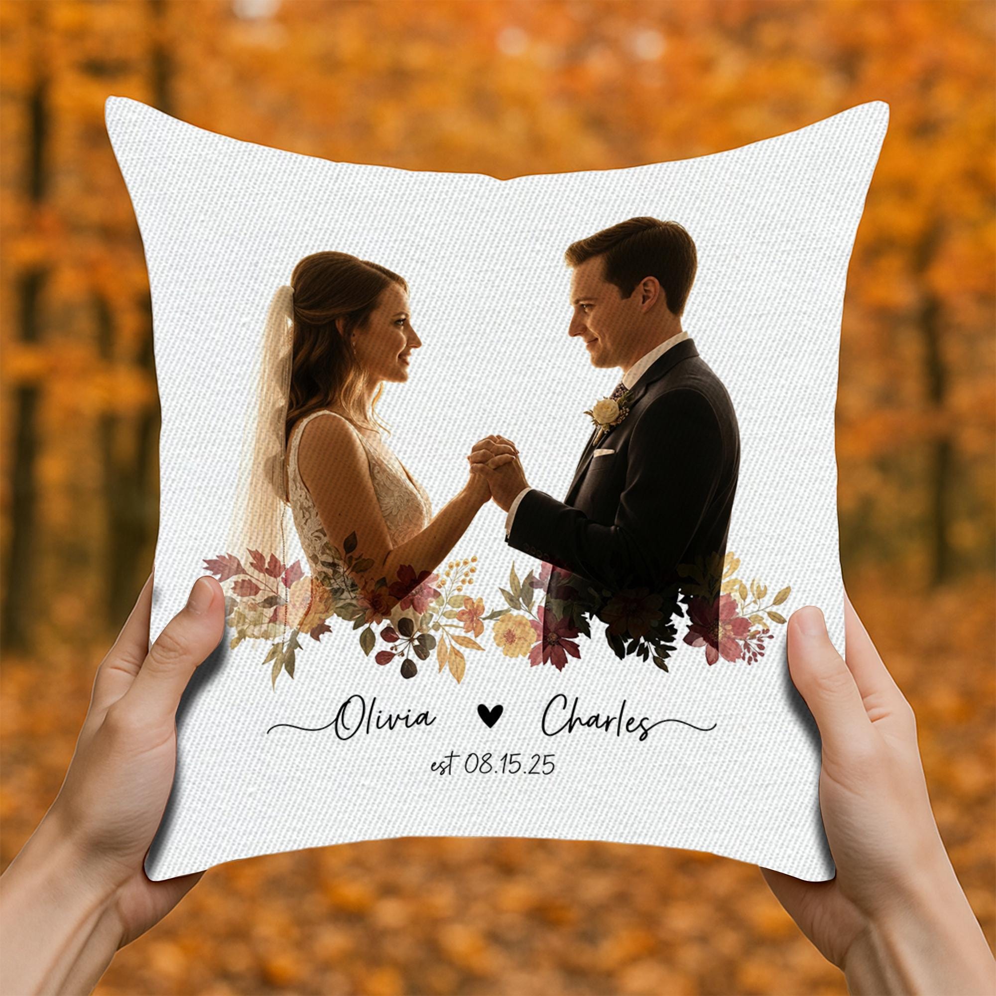 Custom Wedding Photo Pillow – Personalized Couple Pillow with Names & Est. Date, Fall Floral Throw, Anniversary Keepsake Gift