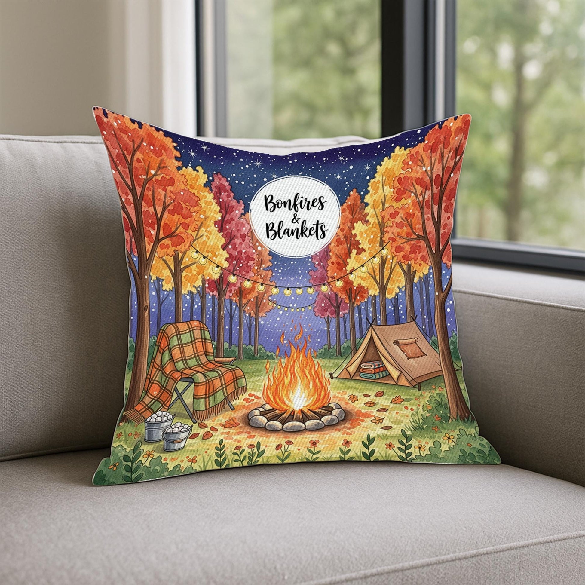Bonfires & Blankets Fall Pillow – Autumn Firelight Decor, Cozy Campfire Throw Pillow, Rustic Outdoor Fall Accent