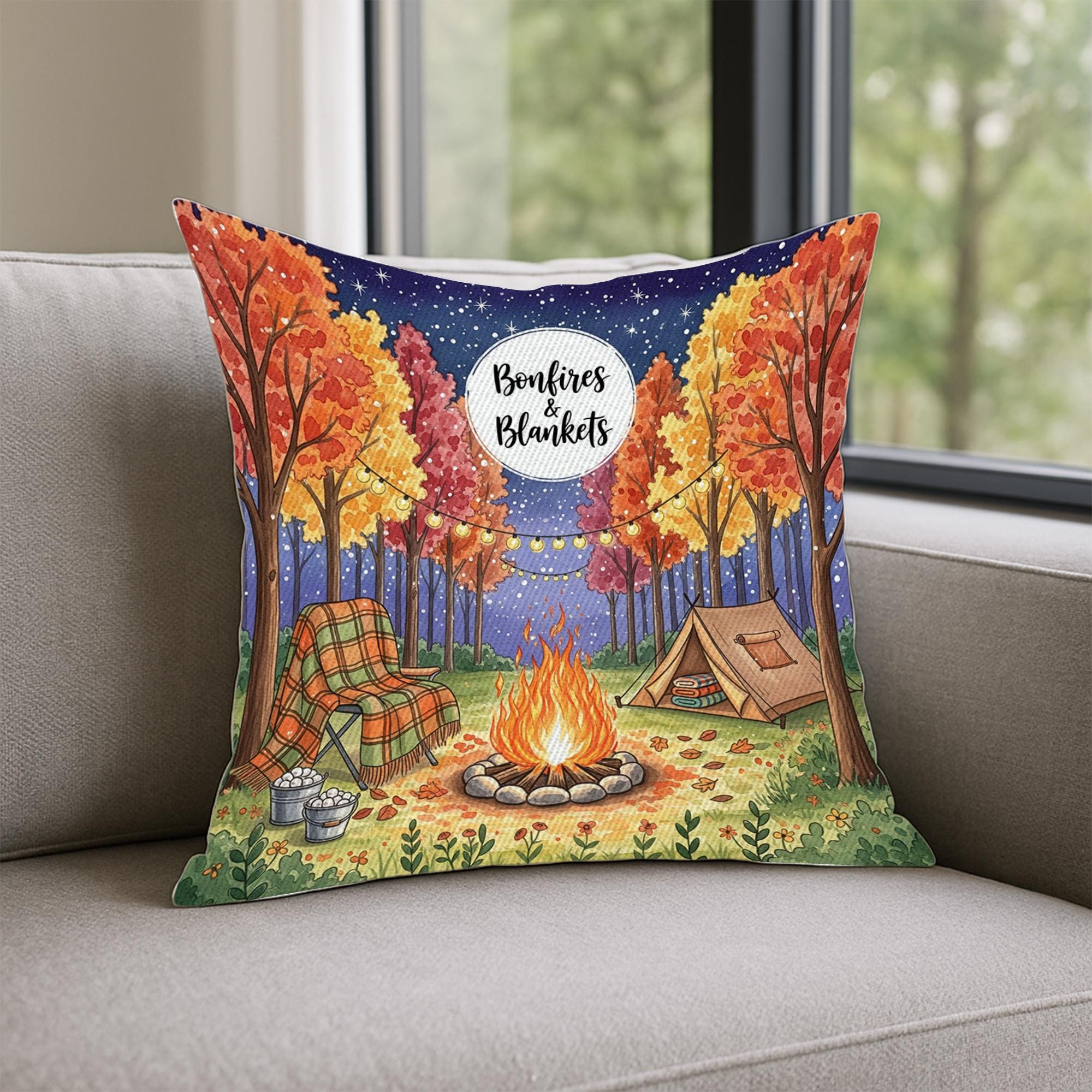 Bonfires & Blankets Fall Pillow – Autumn Firelight Decor, Cozy Campfire Throw Pillow, Rustic Outdoor Fall Accent