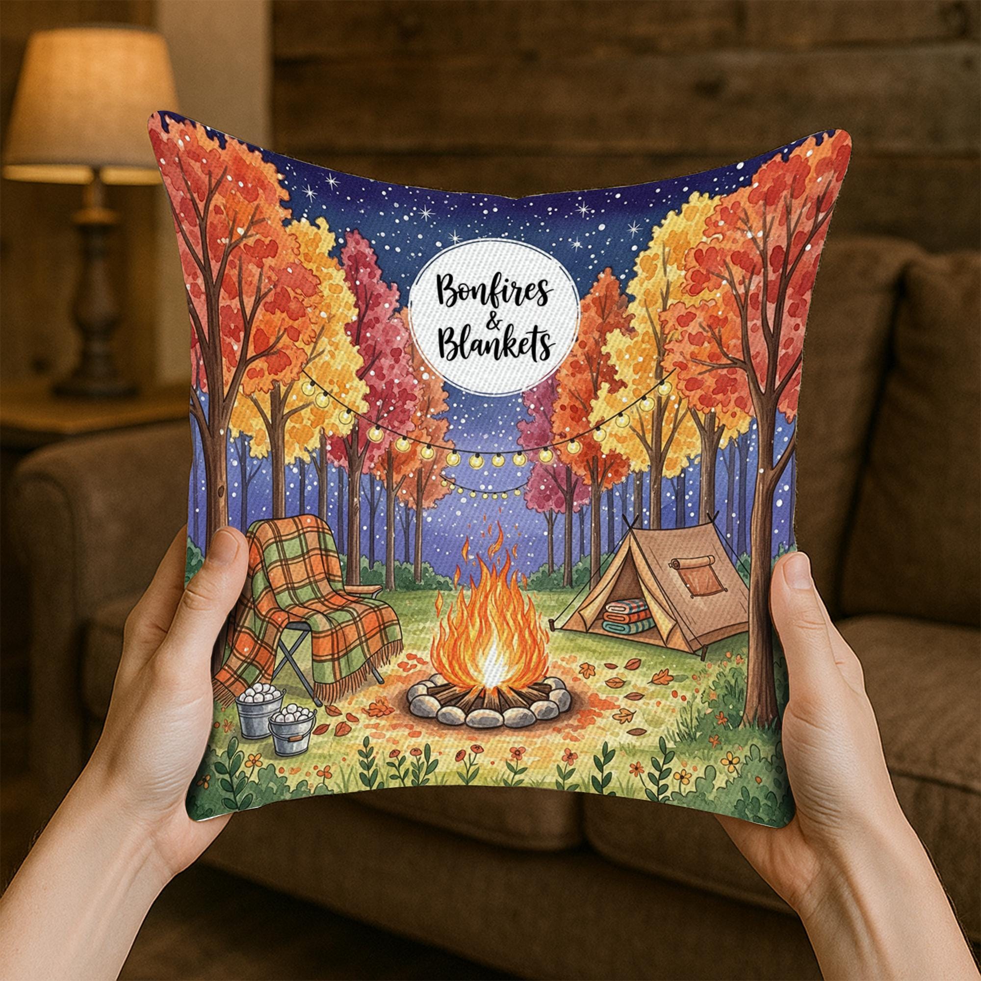 Bonfires & Blankets Fall Pillow – Autumn Firelight Decor, Cozy Campfire Throw Pillow, Rustic Outdoor Fall Accent