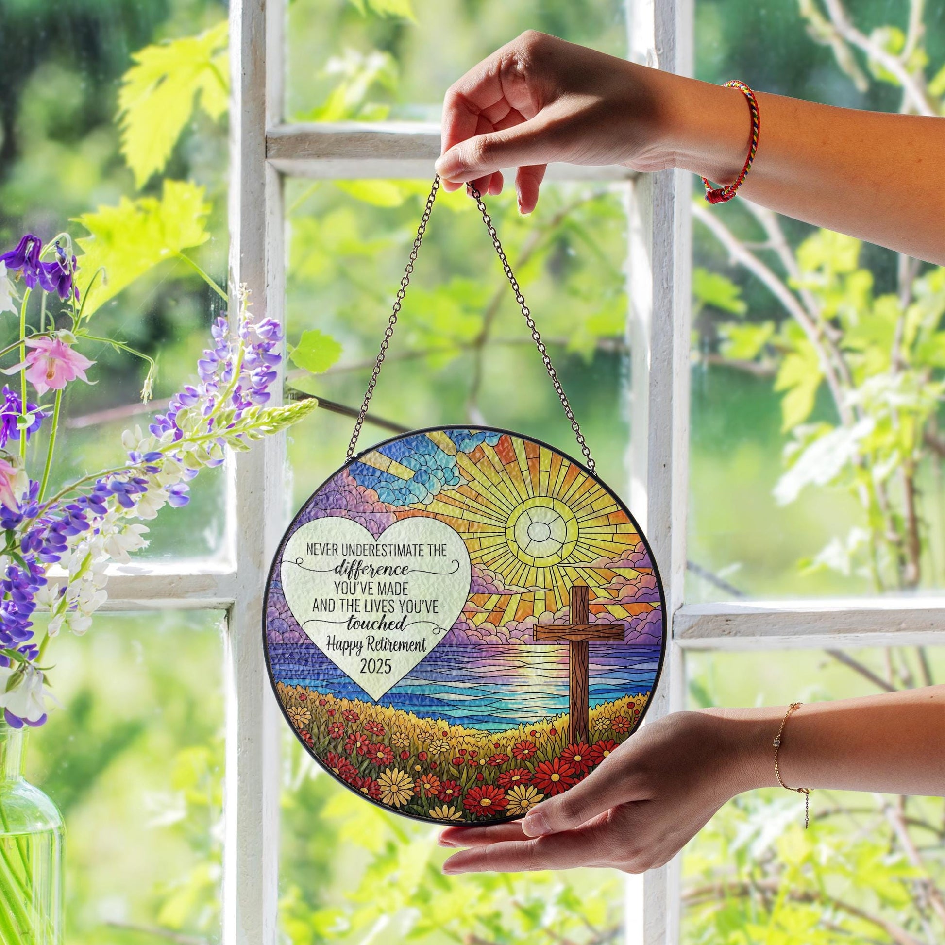 Custom Faux Glass Retirement Suncatcher – Heartfelt Inspirational Cross Decor, Window Hanging Keepsake, Personalized Retirement Gift