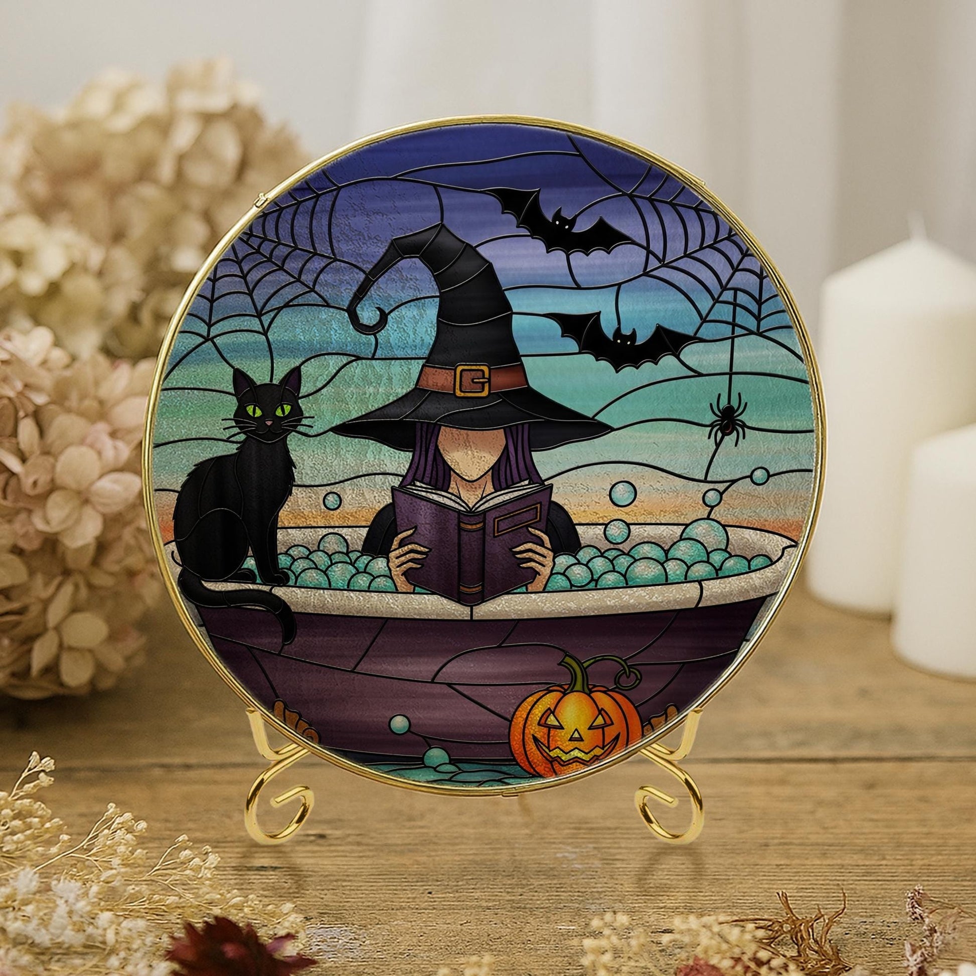Bookish Witch Glass Suncatcher – Halloween Glass Window Hanging – Spooky Reading Black Cat Bathtub Decor