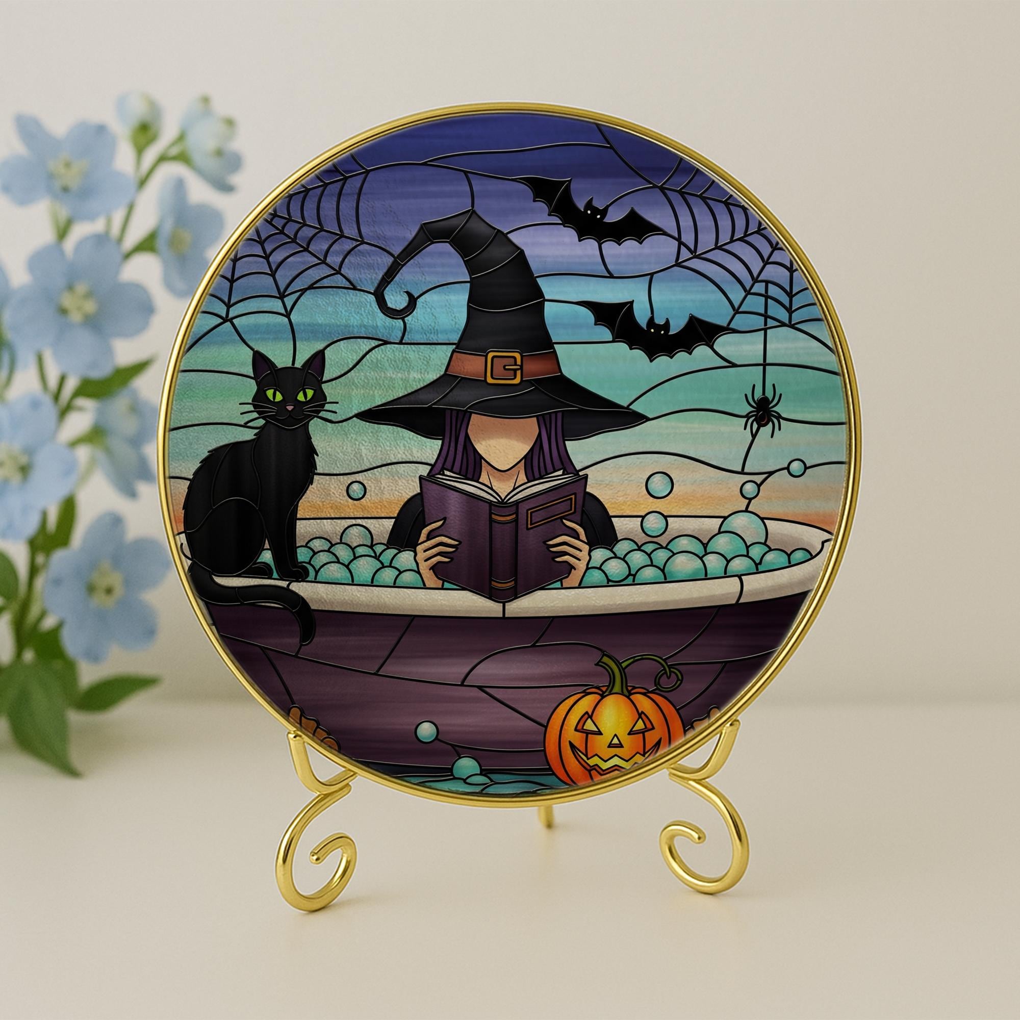 Bookish Witch Glass Suncatcher – Halloween Glass Window Hanging – Spooky Reading Black Cat Bathtub Decor