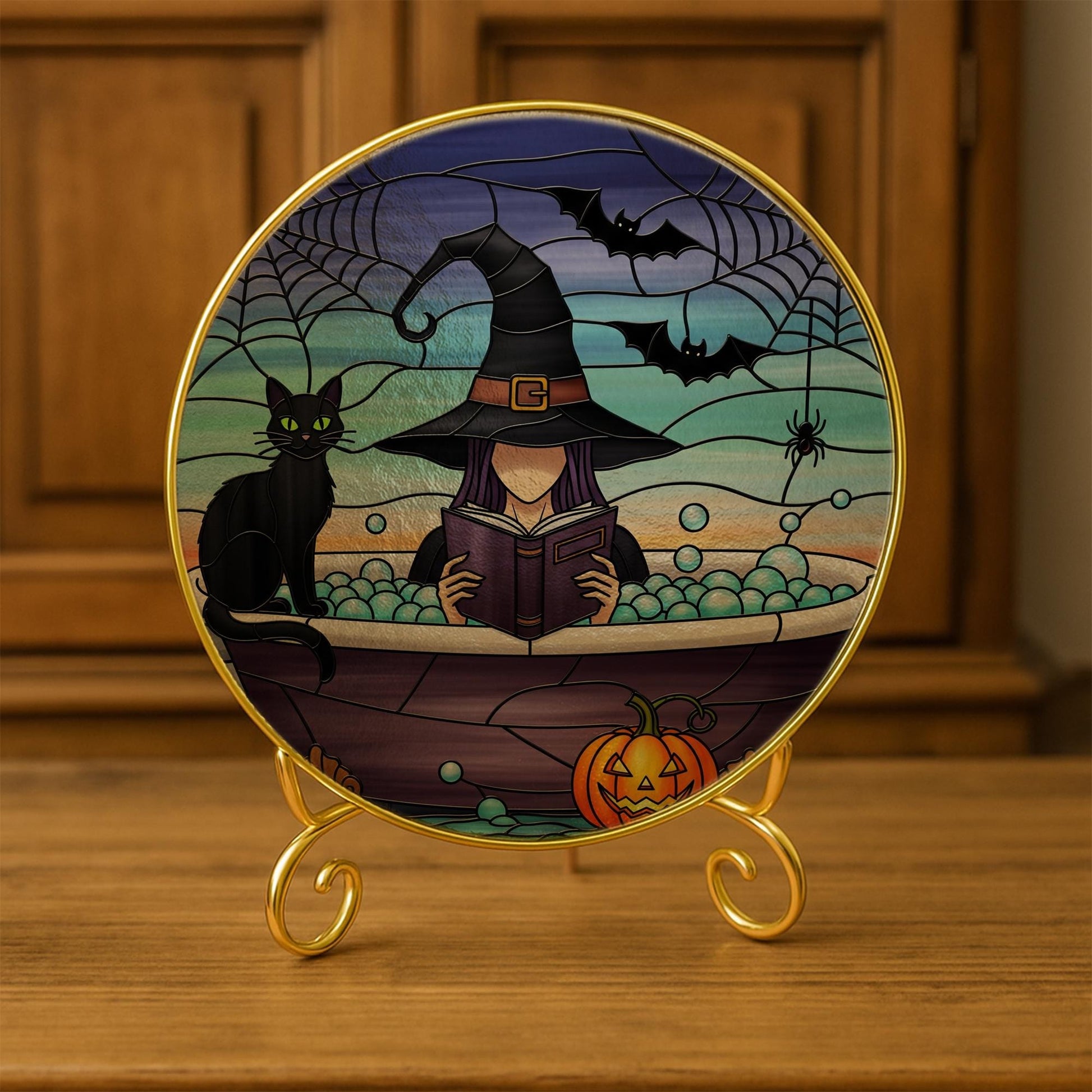 Bookish Witch Glass Suncatcher – Halloween Glass Window Hanging – Spooky Reading Black Cat Bathtub Decor