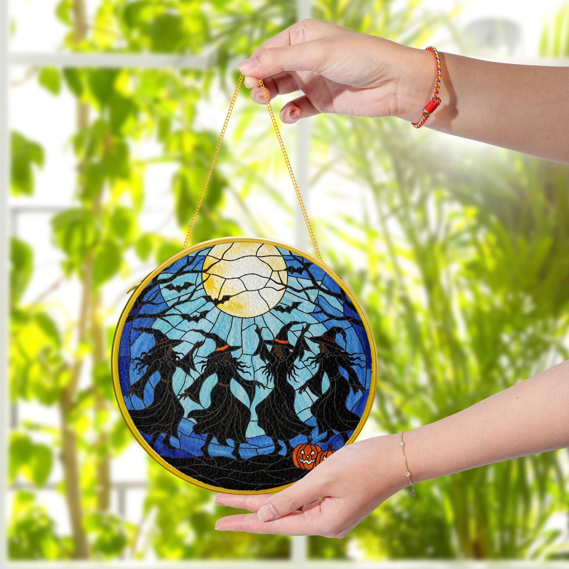 Witch Besties Glass Suncatcher – Glass Halloween Window Hanging – Dancing Witches Under Full Moon Decor