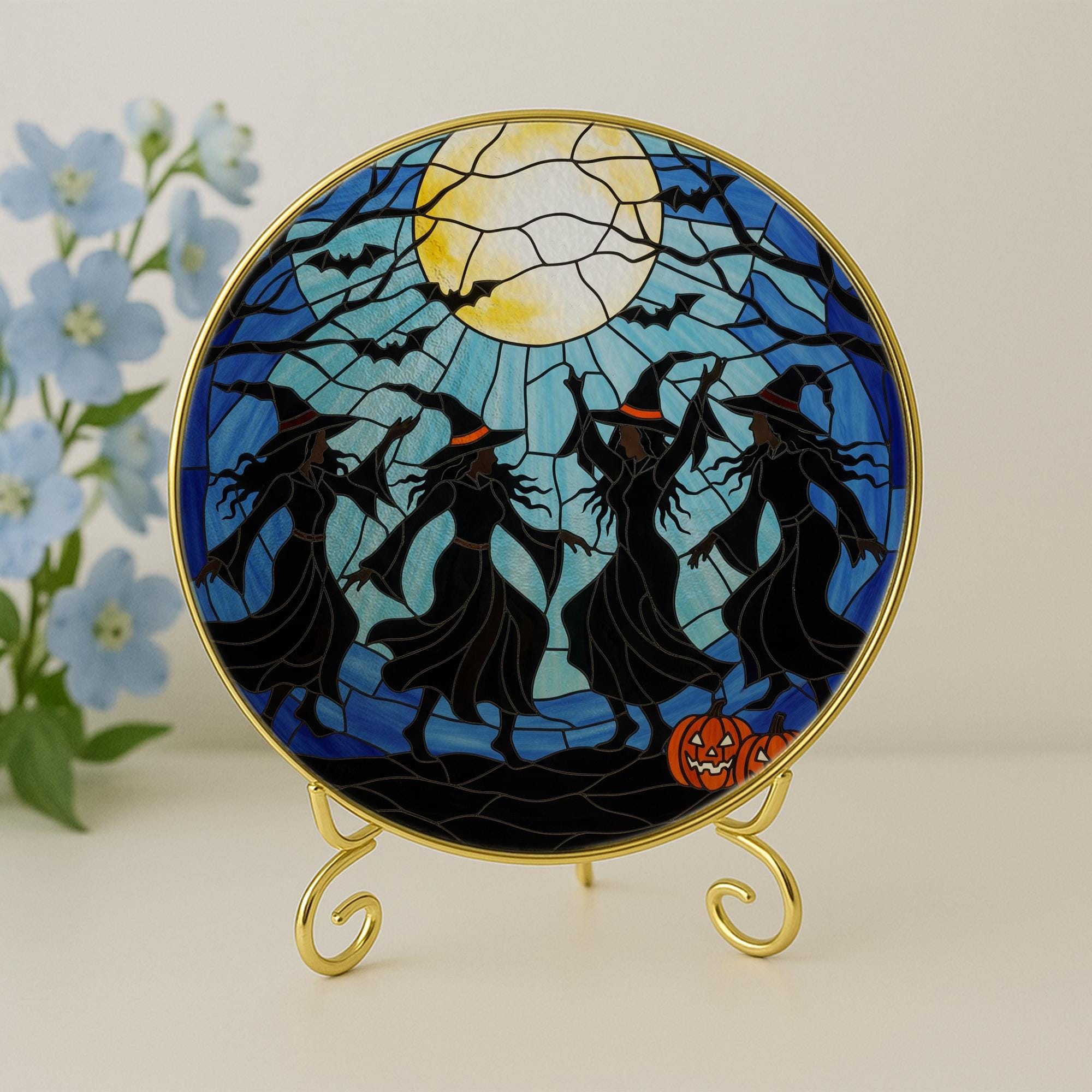 Witch Besties Glass Suncatcher – Glass Halloween Window Hanging – Dancing Witches Under Full Moon Decor
