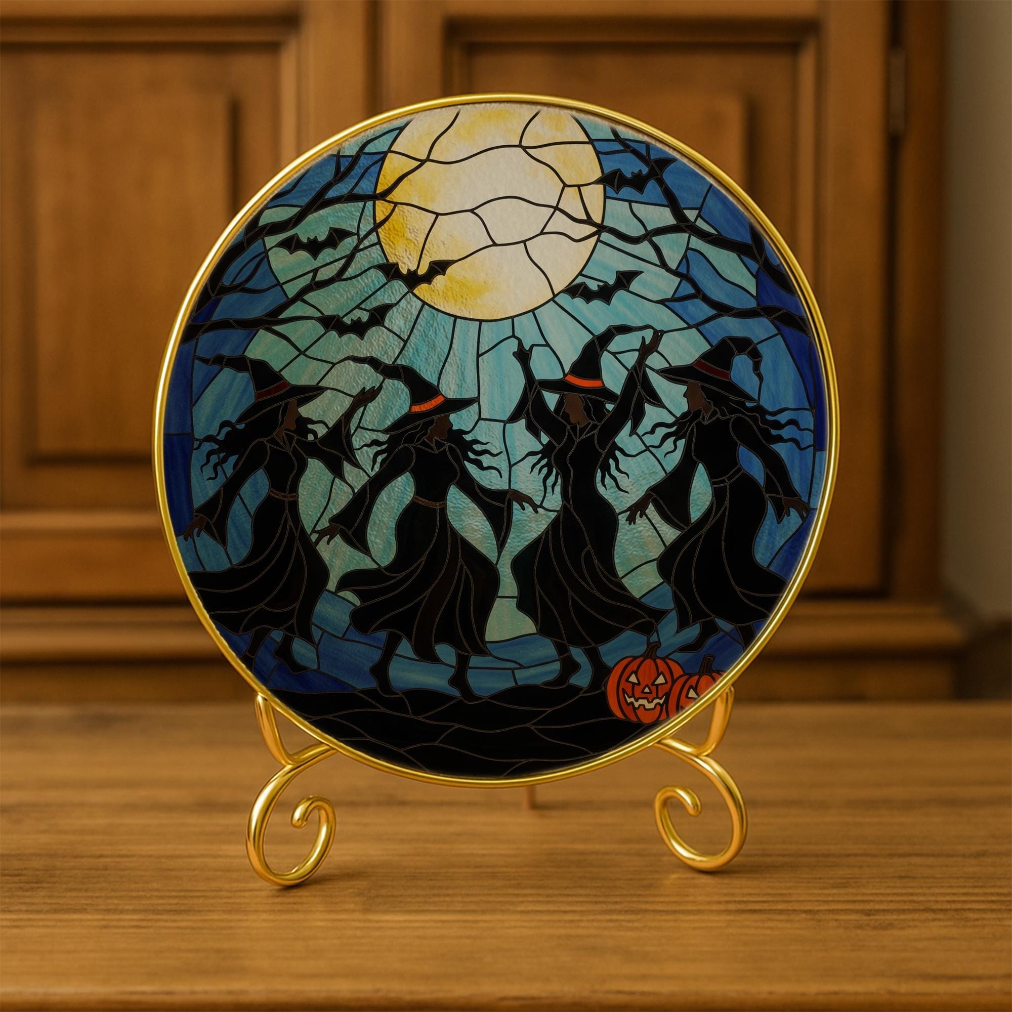 Witch Besties Glass Suncatcher – Glass Halloween Window Hanging – Dancing Witches Under Full Moon Decor
