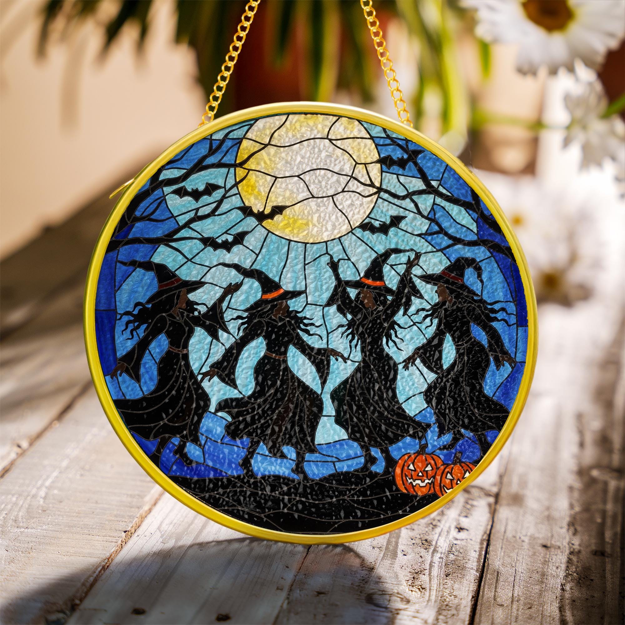 Witch Besties Glass Suncatcher – Glass Halloween Window Hanging – Dancing Witches Under Full Moon Decor