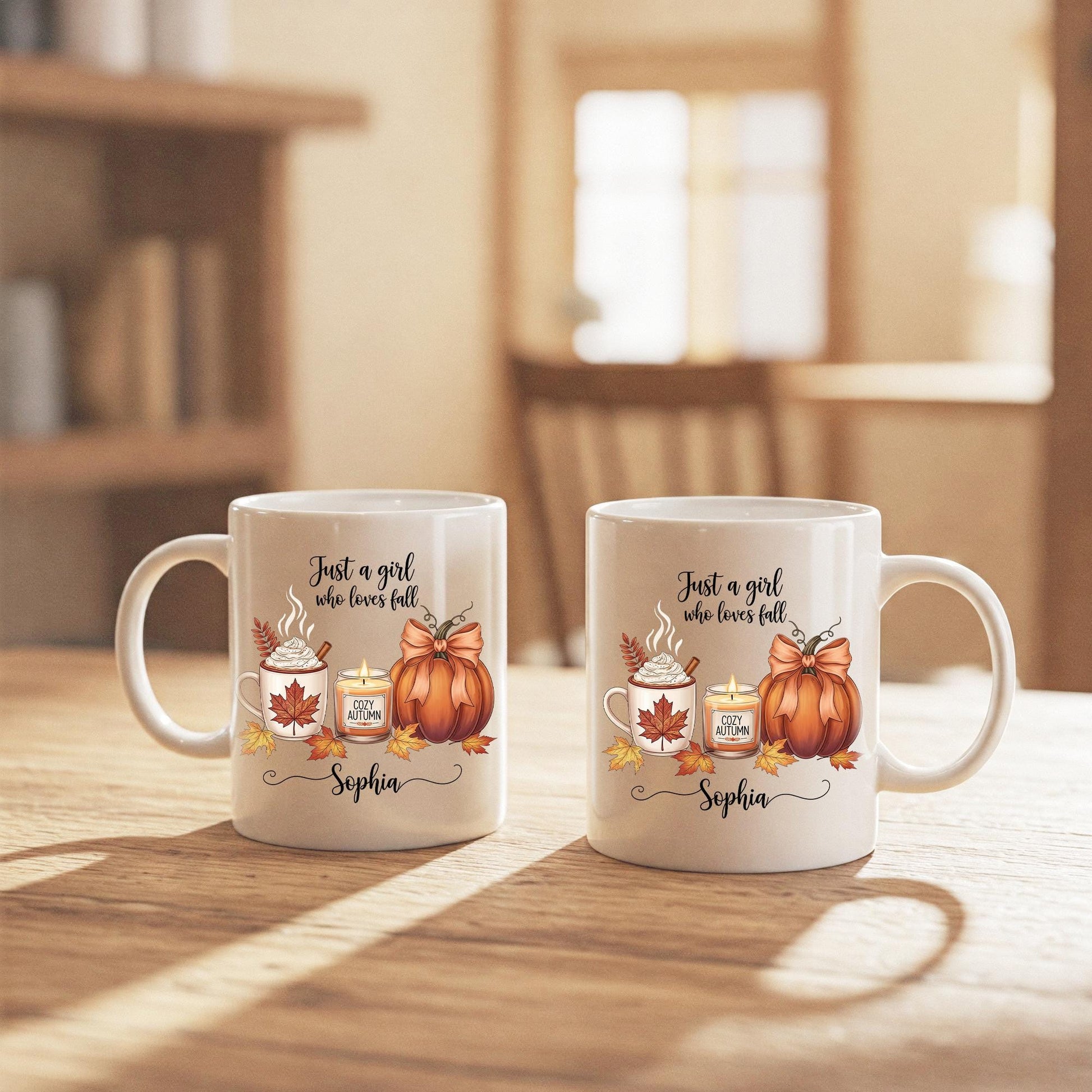 Personalized Fall Mug, Custom Name Autumn Coffee Cup, Just a Girl Who Loves Fall Gift, Cozy Pumpkin Latte Mug, Thanksgiving Gift for Her