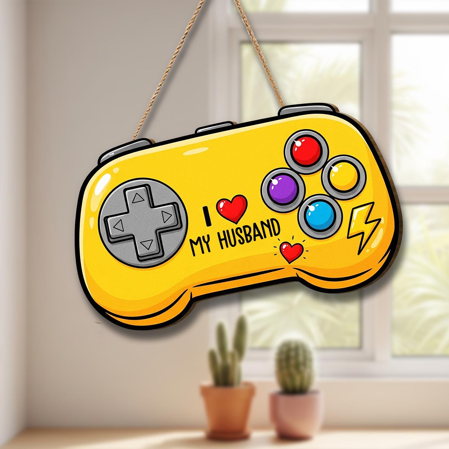 Yellow Game Controller Door Hanger, I Love My Husband, Gamer Decor, Fun Video Game Door Sign, Personalized Husband Gift, Gaming Home Decor