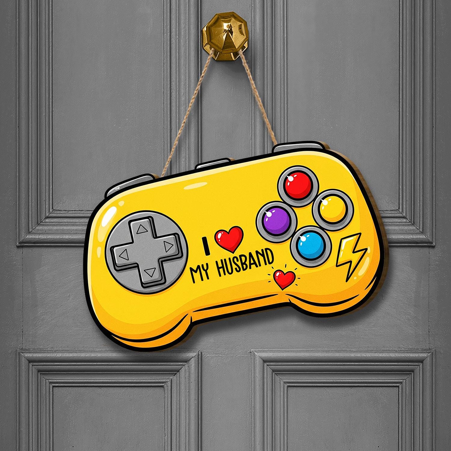 Yellow Game Controller Door Hanger, I Love My Husband, Gamer Decor, Fun Video Game Door Sign, Personalized Husband Gift, Gaming Home Decor