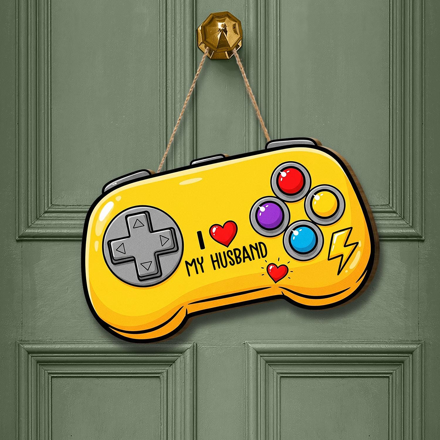 Yellow Game Controller Door Hanger, I Love My Husband, Gamer Decor, Fun Video Game Door Sign, Personalized Husband Gift, Gaming Home Decor