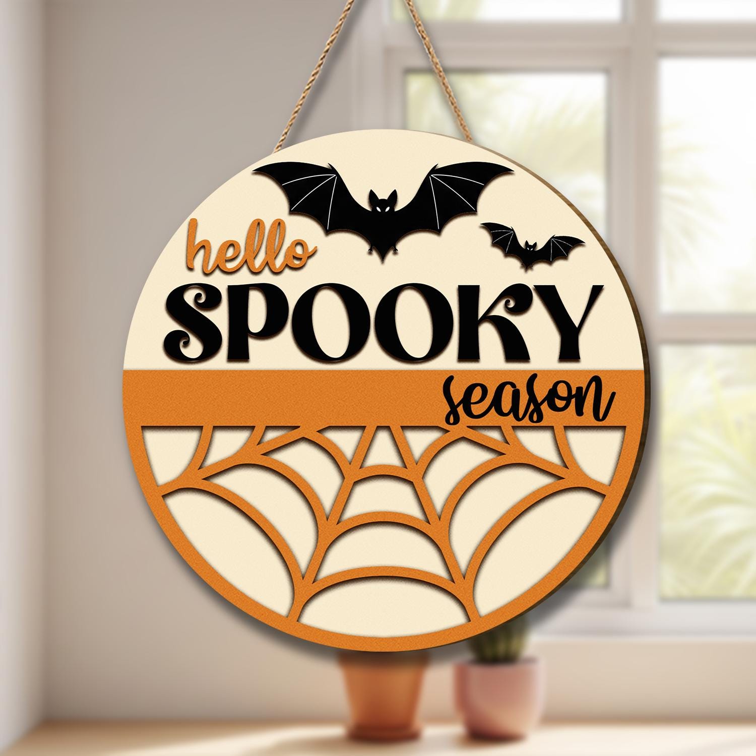 Hello Spooky Season Door Hanger - Halloween Decor with Bat & Spider Web Design, Fall Door Sign, Trick or Treat Home Decoration