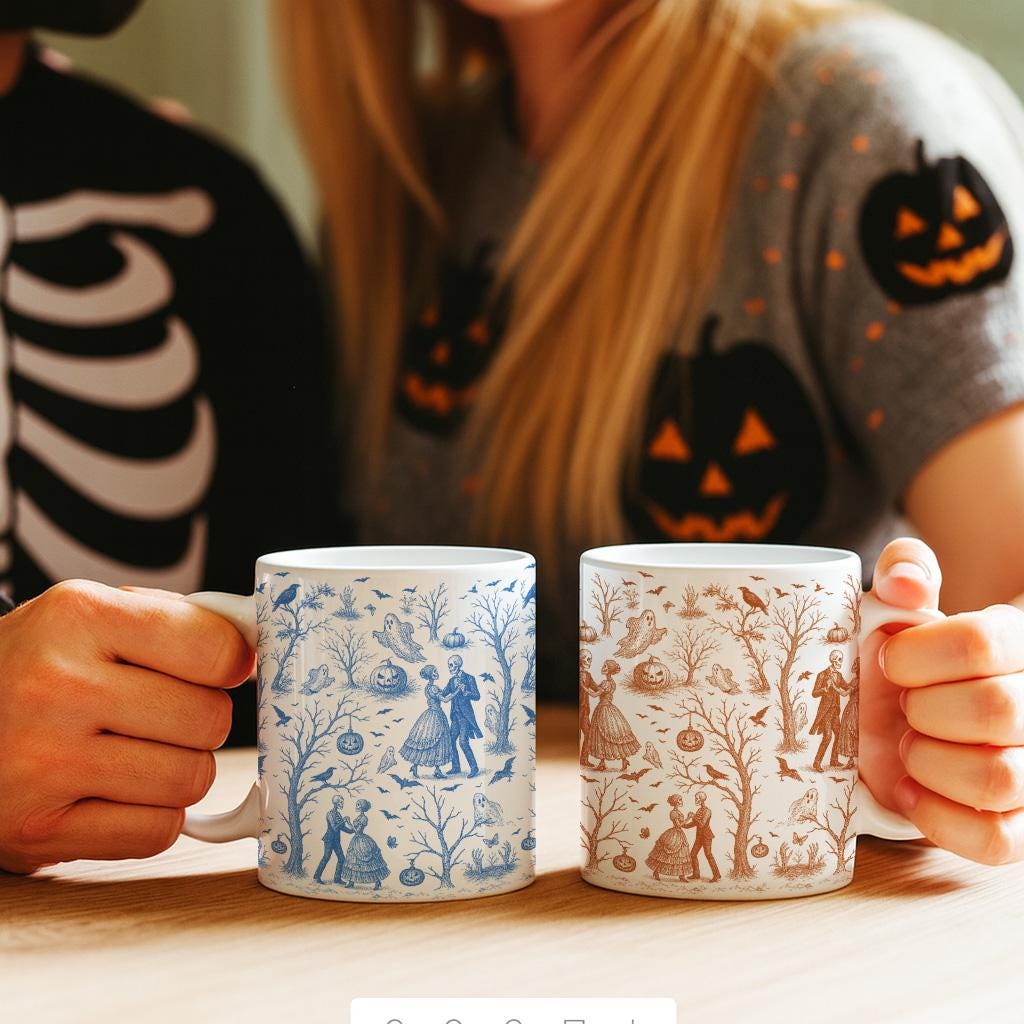 Halloween Toile de Jouy Mug – Spooky Ghost Toile Ceramic Coffee Cup, Halloween Vintage Pattern, Fall Gothic Home Decor Mug