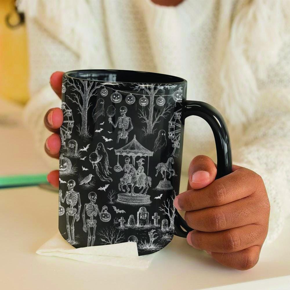 Halloween Toile de Jouy Mug – Spooky Ghost Toile Ceramic Coffee Cup, Halloween Vintage Pattern, Fall Gothic Home Decor Mug