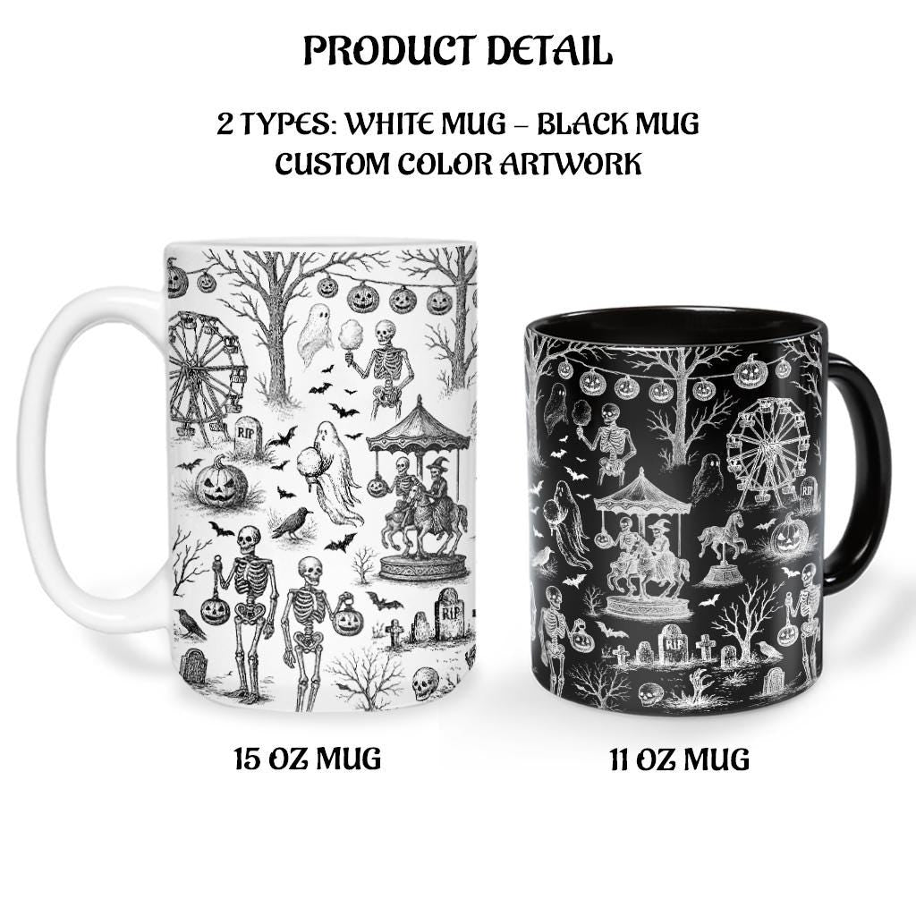 Halloween Toile de Jouy Mug – Spooky Ghost Toile Ceramic Coffee Cup, Halloween Vintage Pattern, Fall Gothic Home Decor Mug