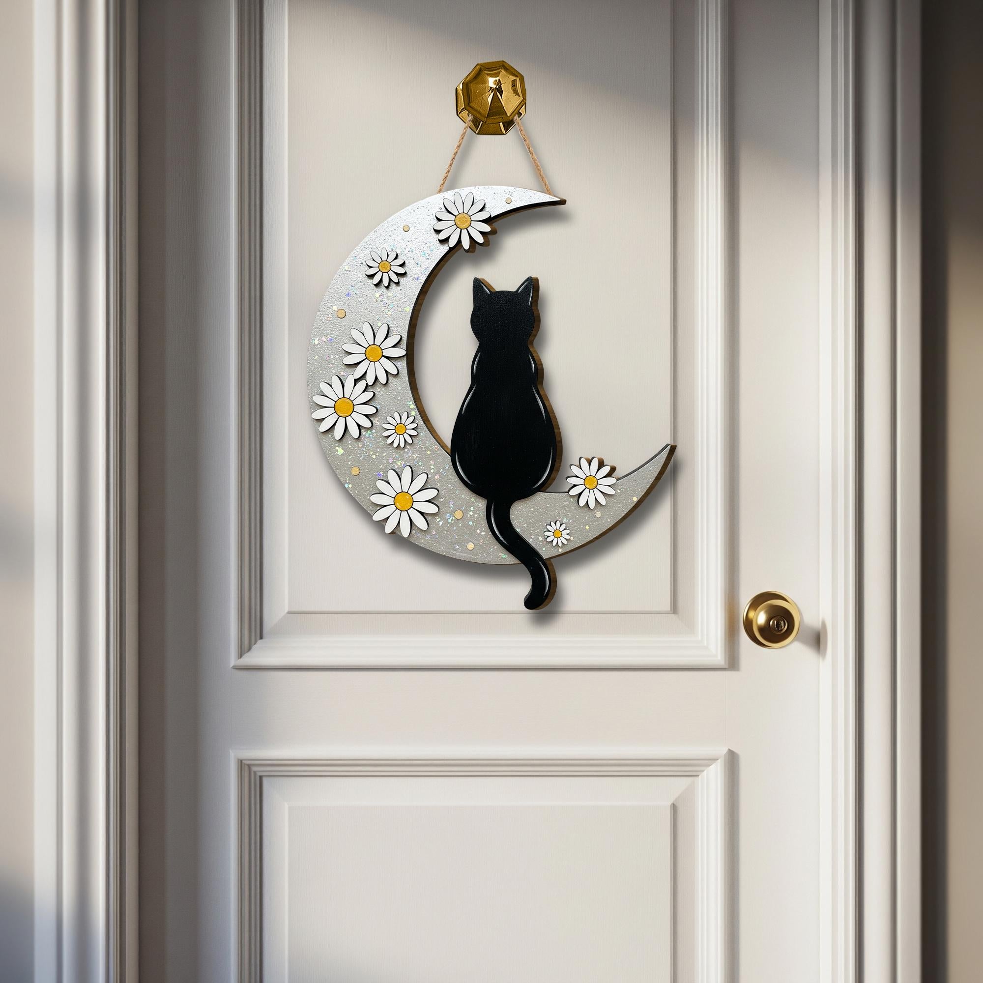 Black Cat Moon Wooden Sign: Witchy Daisies Wall Decor