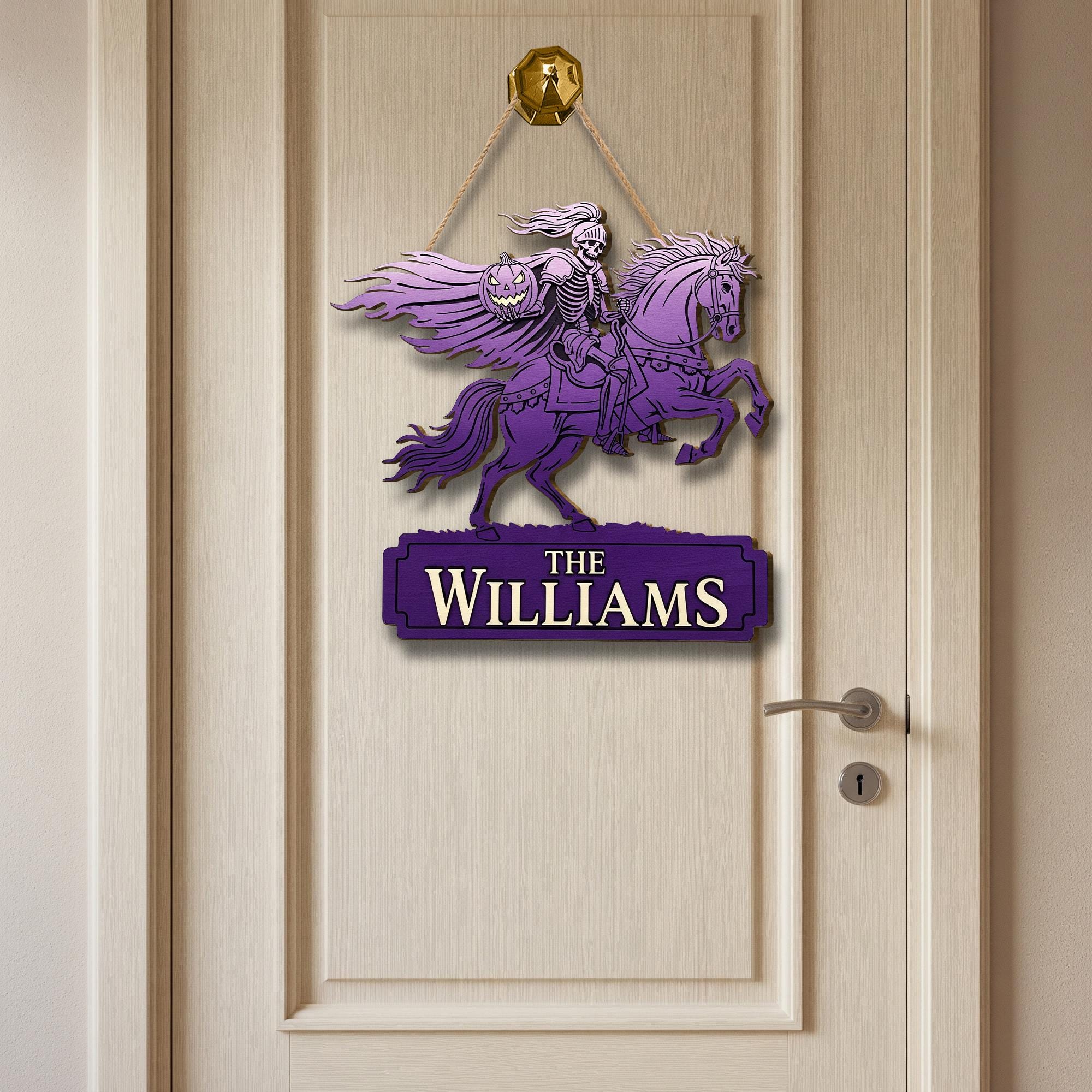 Custom Halloween Wooden Sign: Headless Horseman Family Name Door Hanger