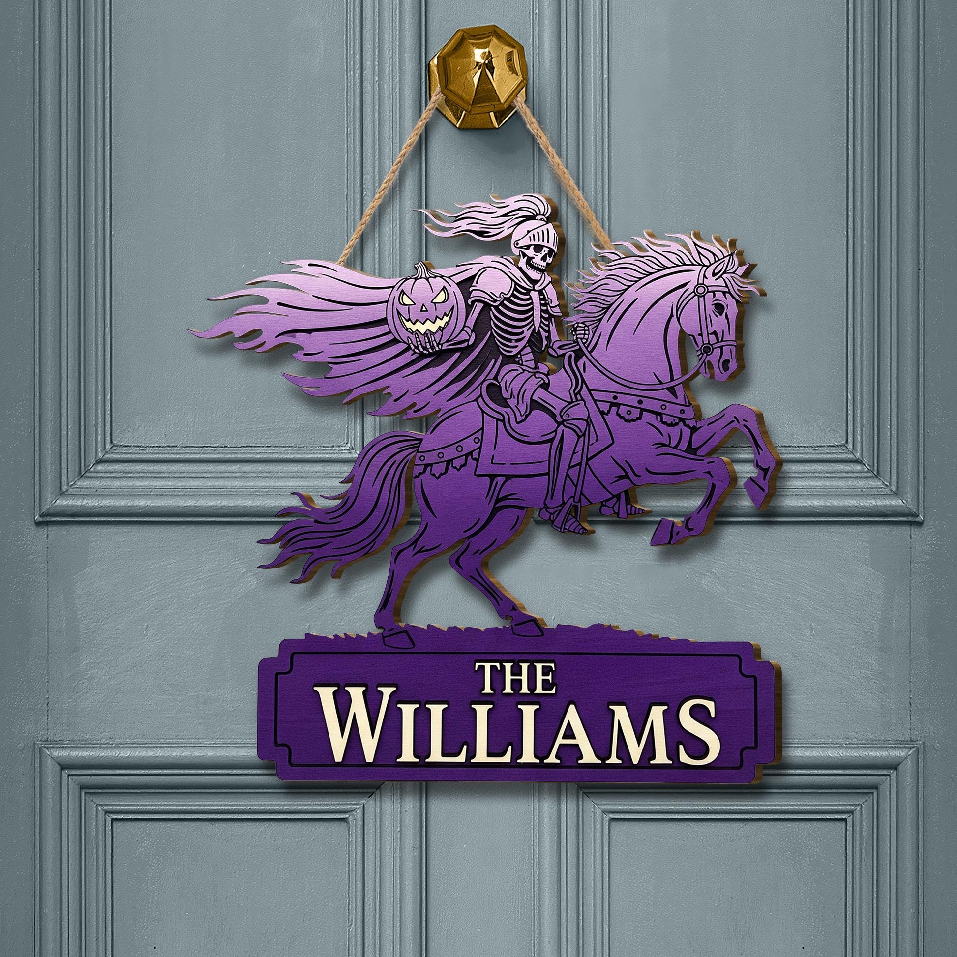 Custom Halloween Wooden Sign: Headless Horseman Family Name Door Hanger