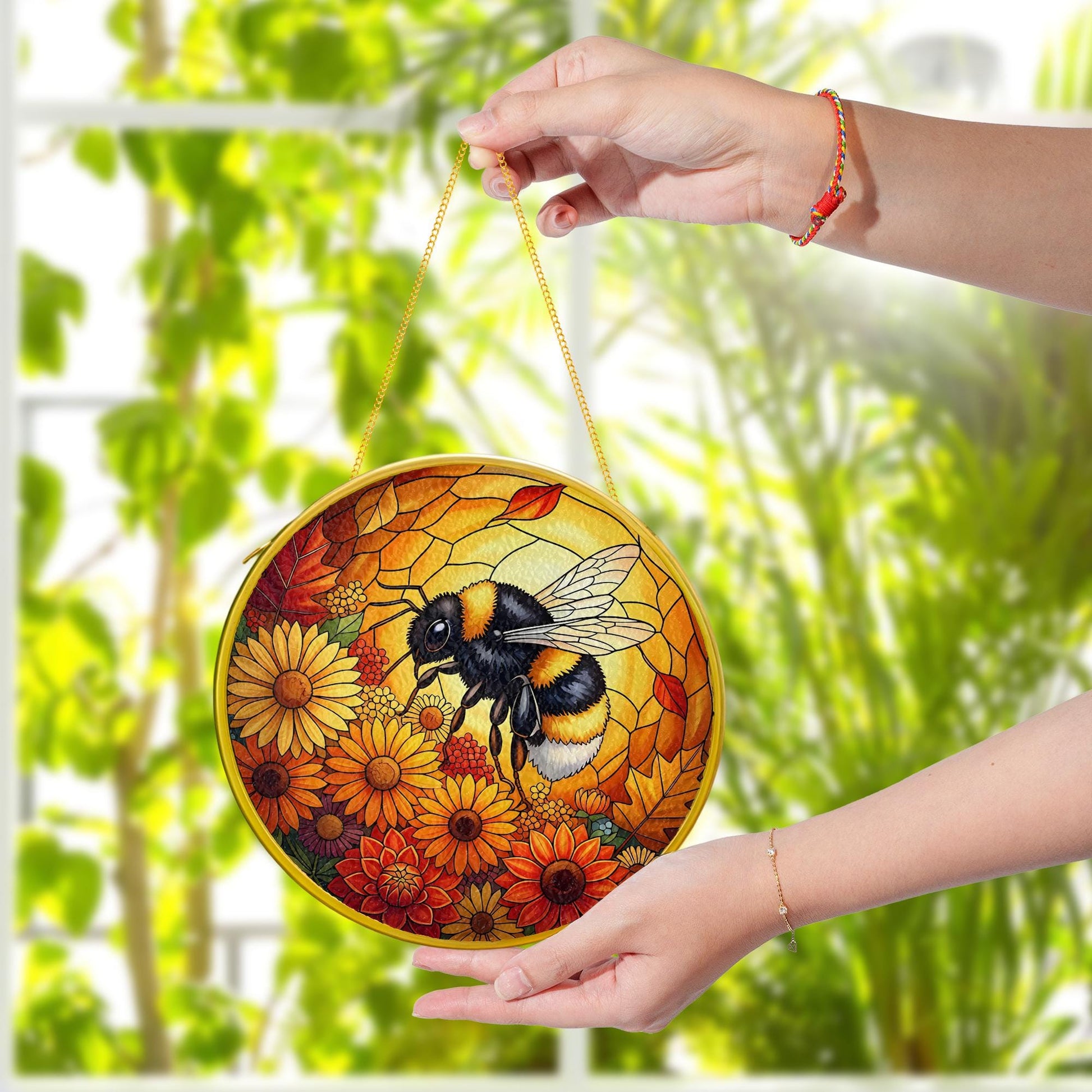 Glass Bee Suncatcher: Sunflower Window Hanging, Autumn Decor
