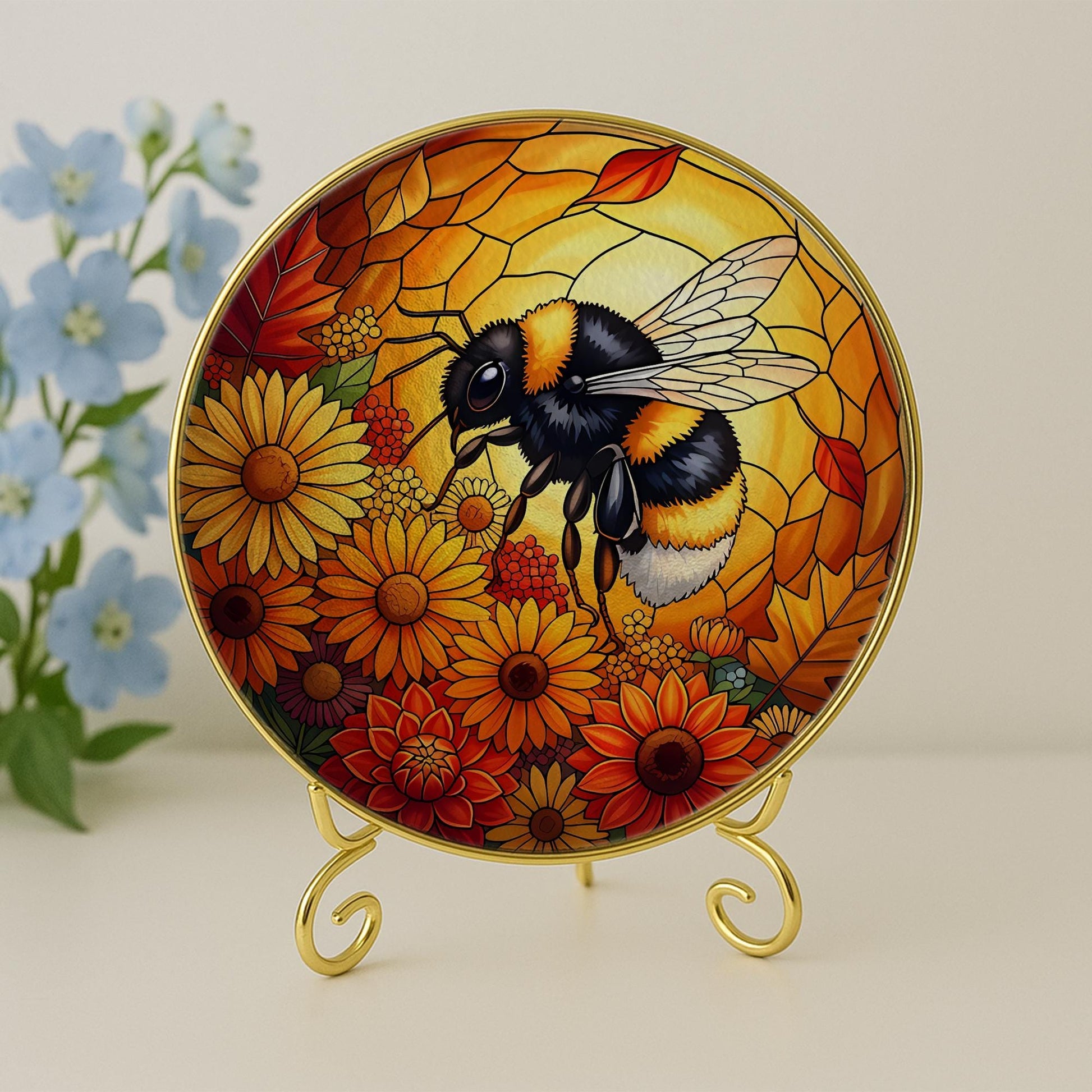 Glass Bee Suncatcher: Sunflower Window Hanging, Autumn Decor