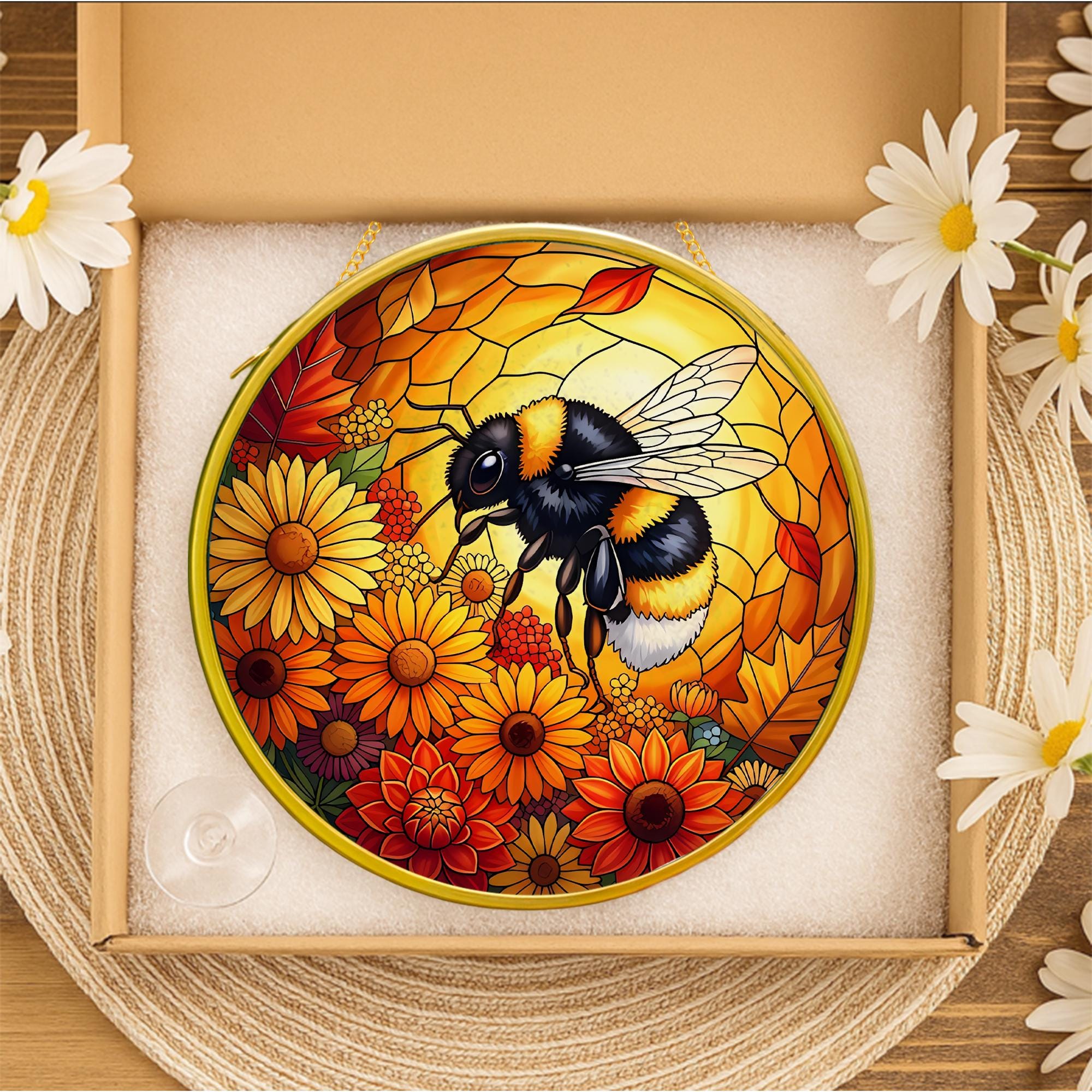 Glass Bee Suncatcher: Sunflower Window Hanging, Autumn Decor