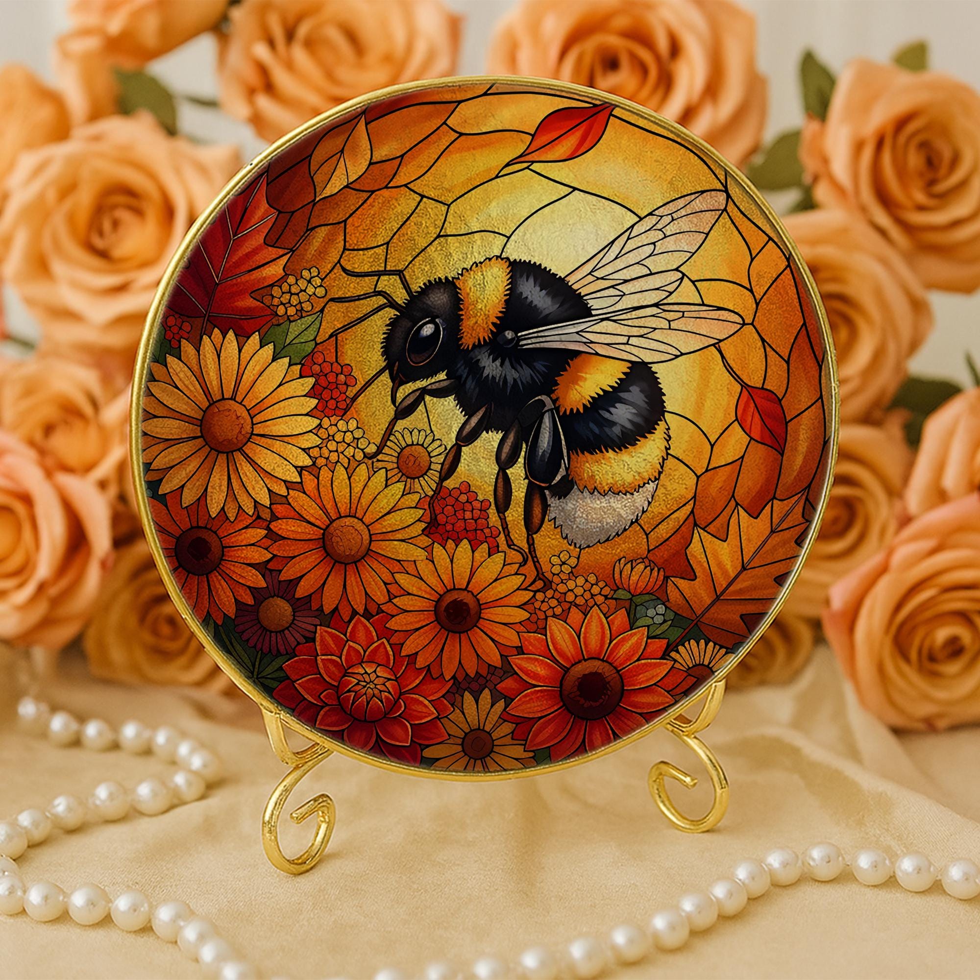 Glass Bee Suncatcher: Sunflower Window Hanging, Autumn Decor