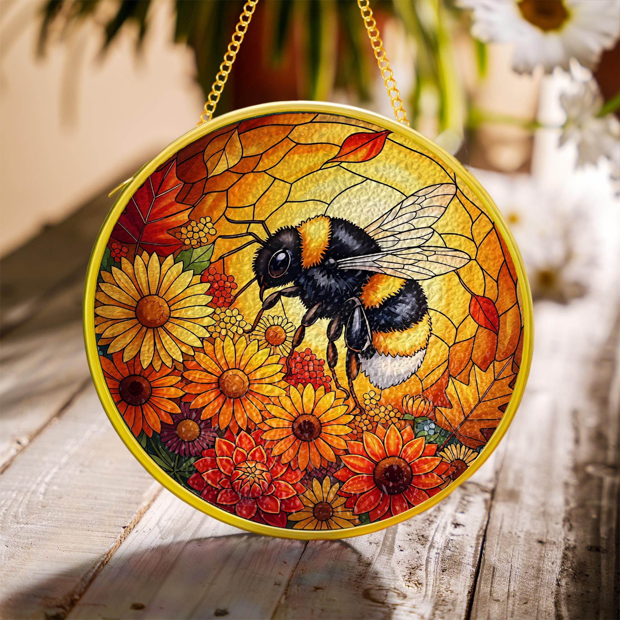 Glass Bee Suncatcher: Sunflower Window Hanging, Autumn Decor