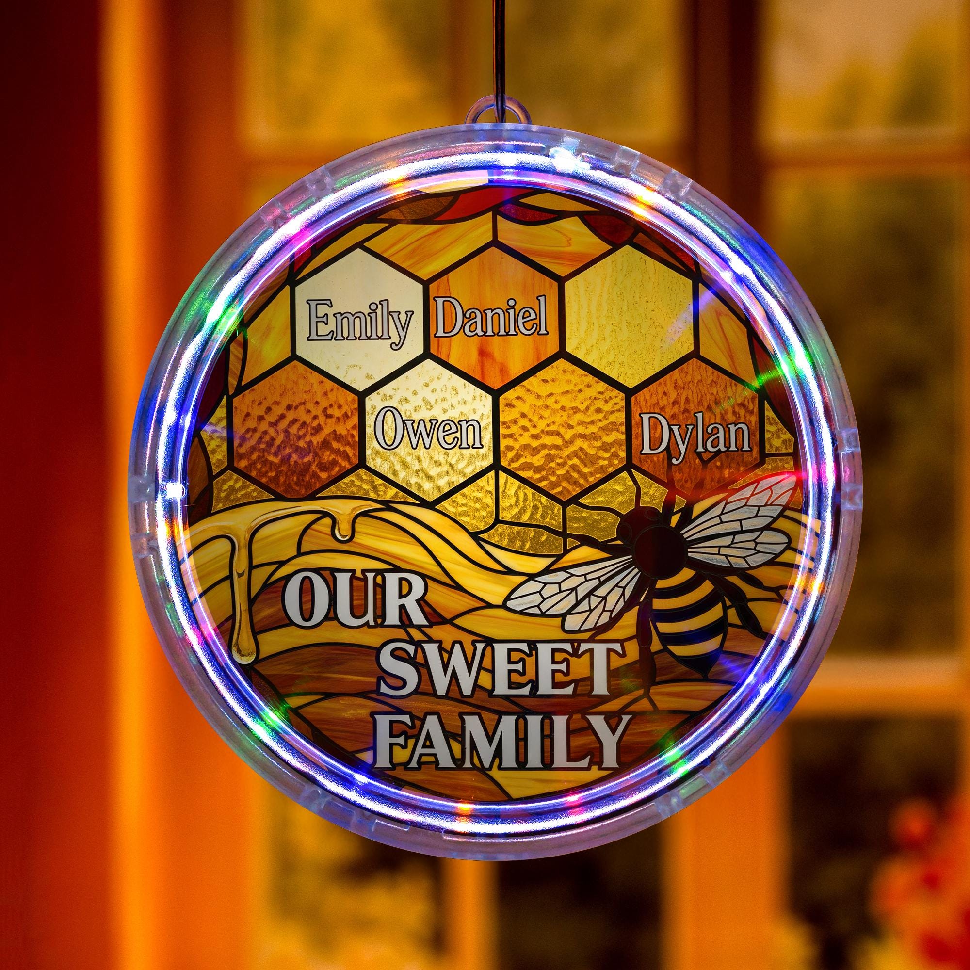 Personalized Bee Family LED Light – Custom ACRYLIC Honeycomb Suncatcher, Our Sweet Family Grandma Gift, Beehive Wall Hanging Decor