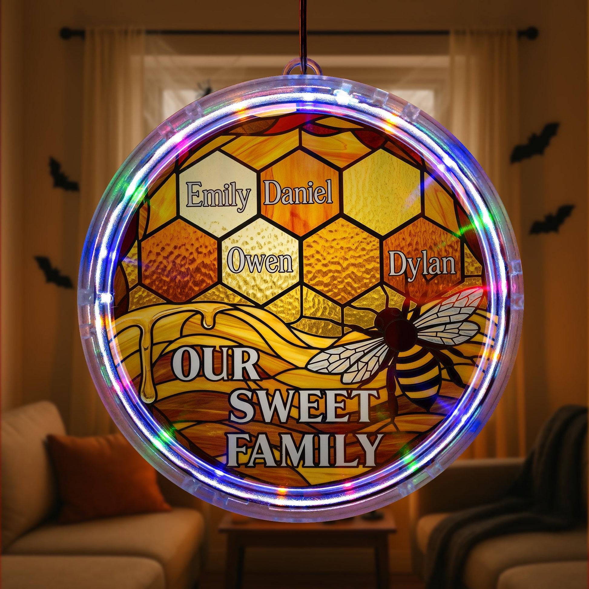 Personalized Bee Family LED Light – Custom ACRYLIC Honeycomb Suncatcher, Our Sweet Family Grandma Gift, Beehive Wall Hanging Decor