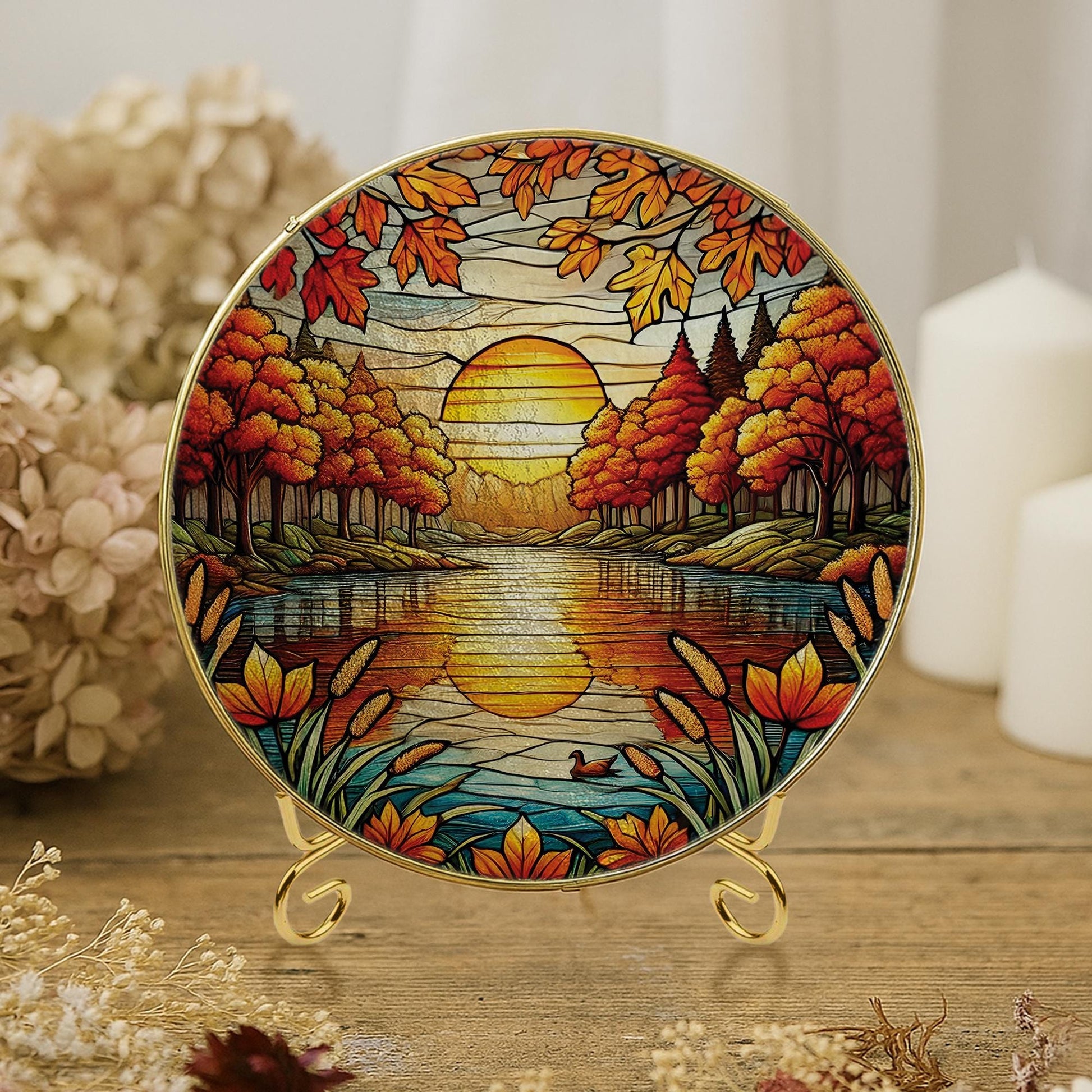 Autumn Sunset Glass Suncatcher – Fall Glass Window Hanging, Nature Landscape Home Decor, Rustic Cabin Sun Catcher