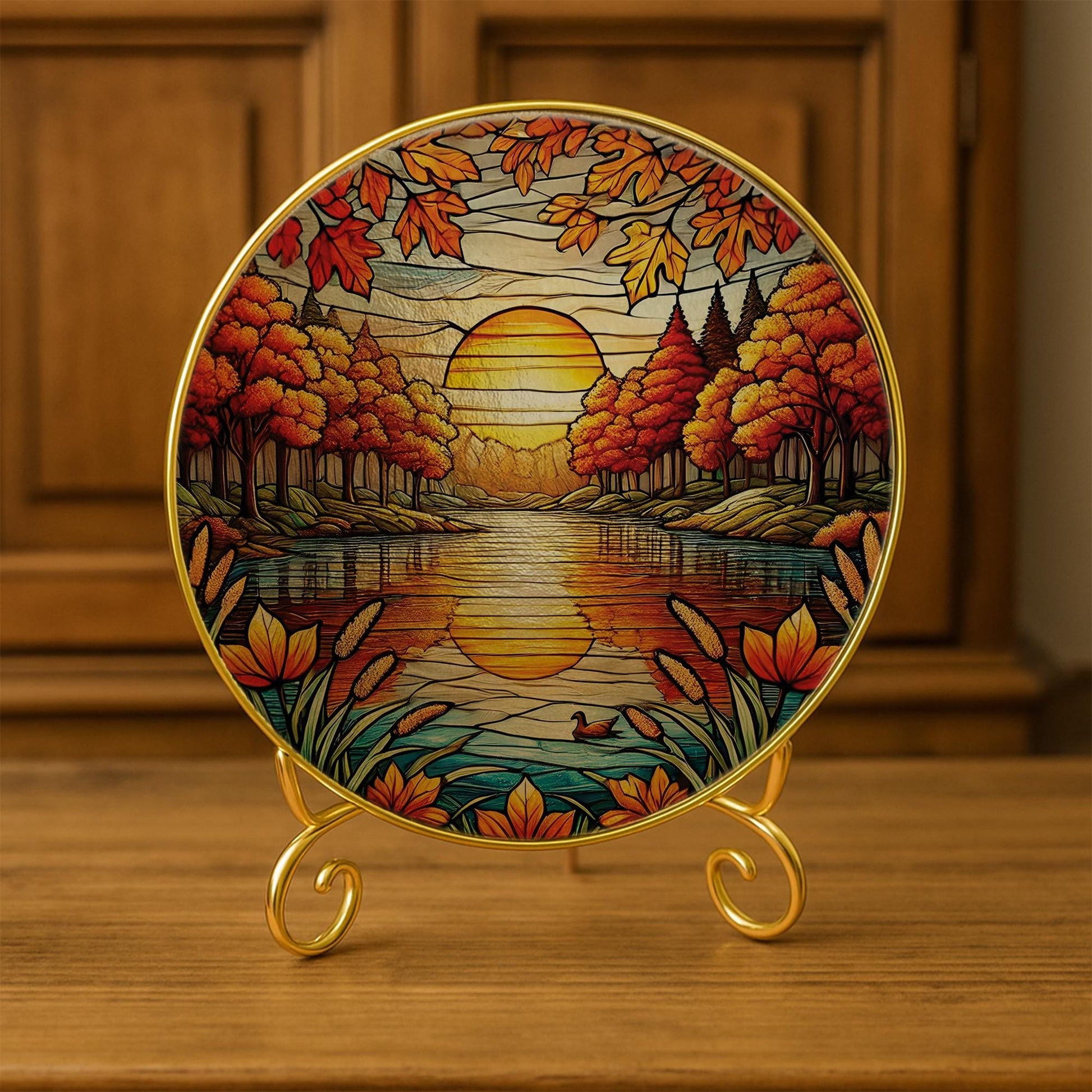 Autumn Sunset Glass Suncatcher – Fall Glass Window Hanging, Nature Landscape Home Decor, Rustic Cabin Sun Catcher