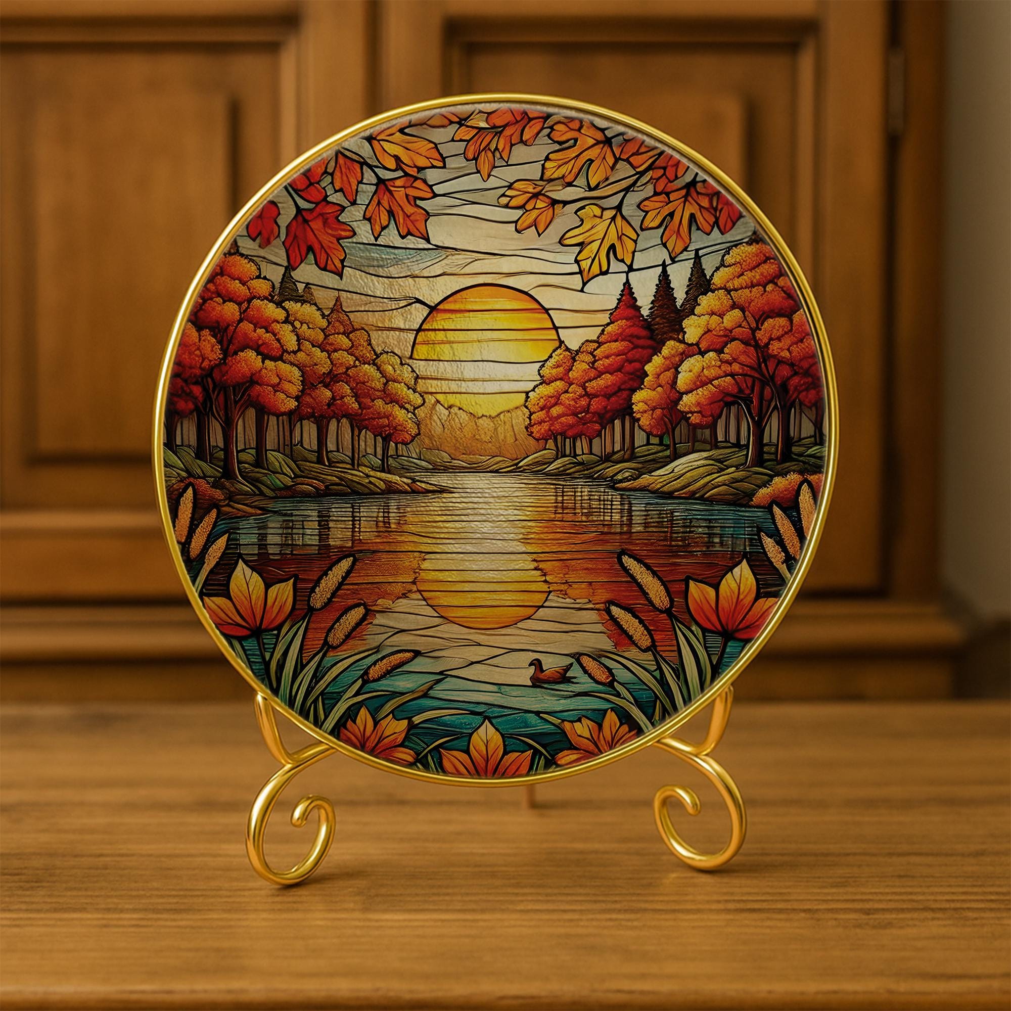 Autumn Sunset Glass Suncatcher – Fall Glass Window Hanging, Nature Landscape Home Decor, Rustic Cabin Sun Catcher