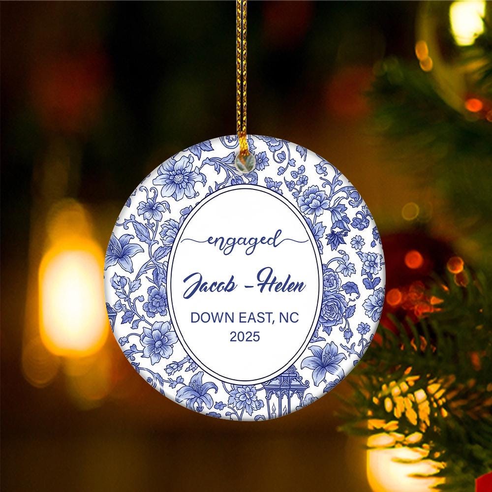Personalized Chinoiserie Engagement Ornament: Custom Location, First Christmas