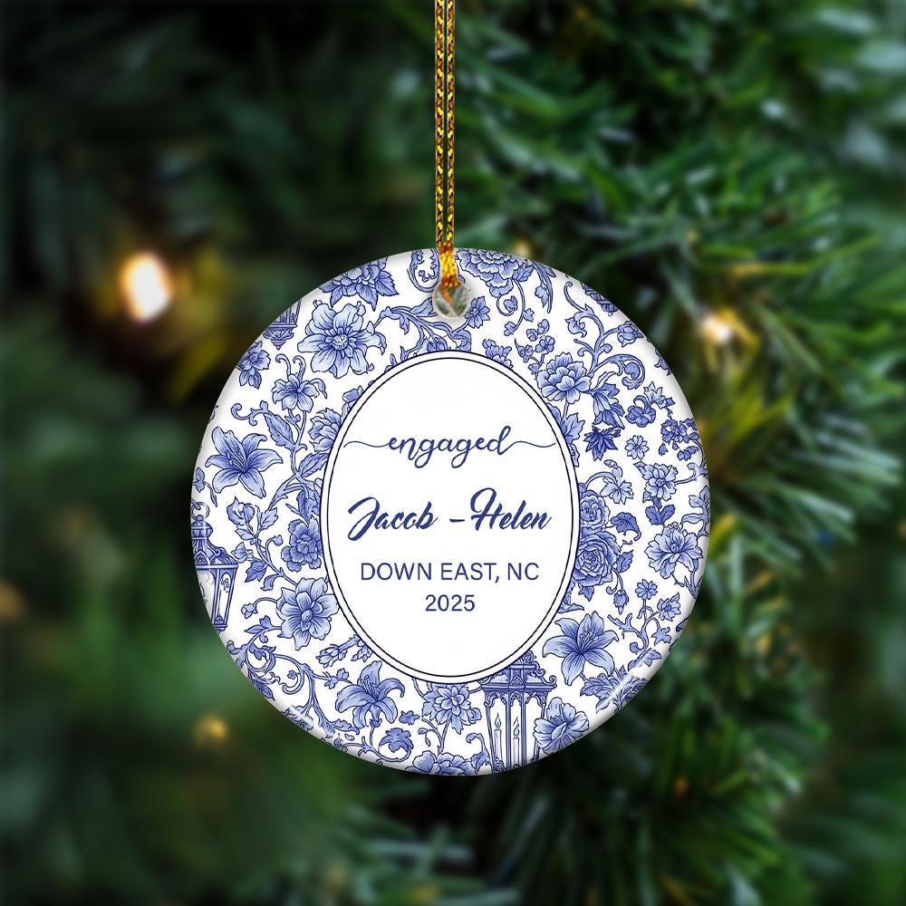 Personalized Chinoiserie Engagement Ornament: Custom Location, First Christmas
