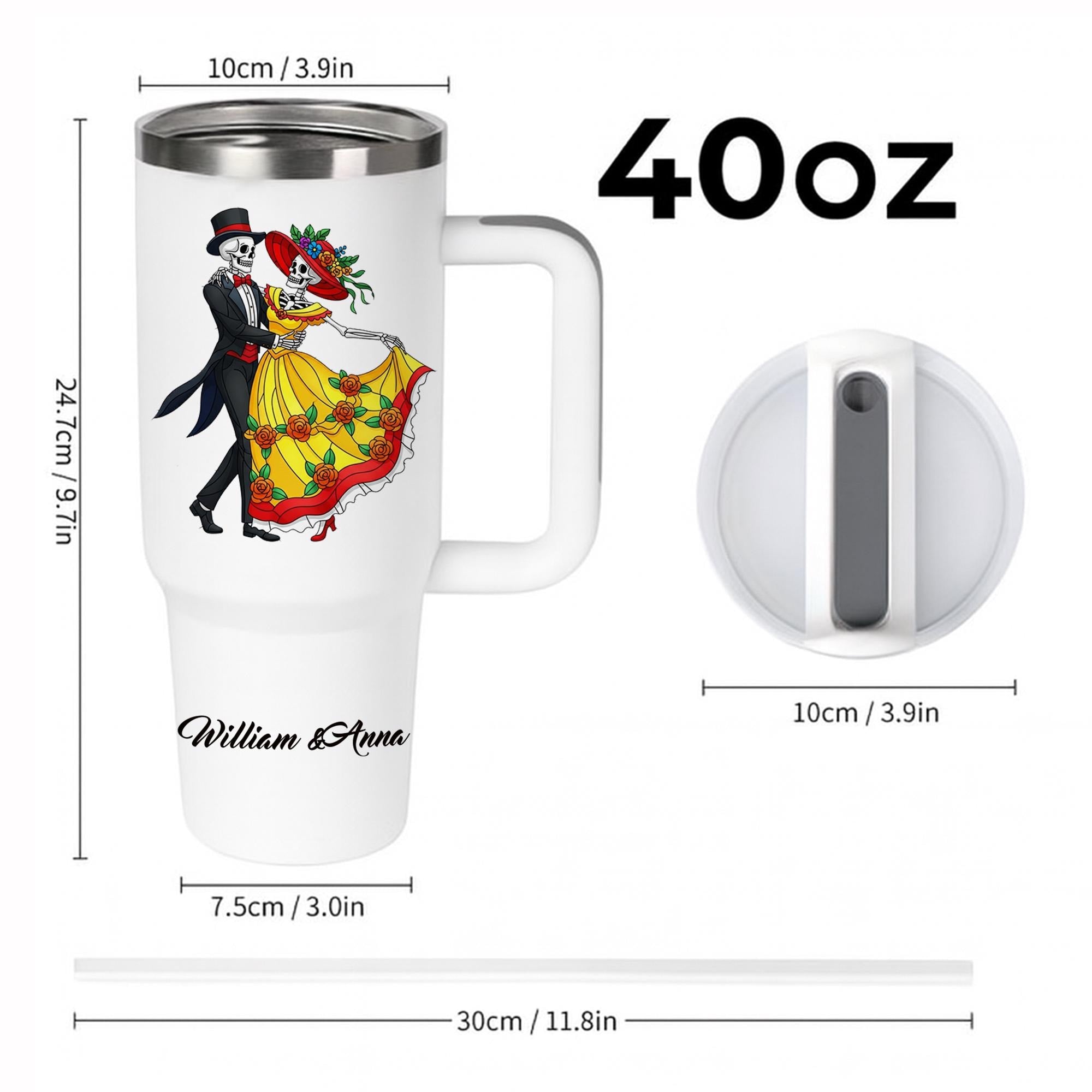 Personalized Day of the Dead Tumbler, Custom Couple Gift with Names, Dancing Skeleton Wedding Anniversary Mug, La Catrina Travel Cup