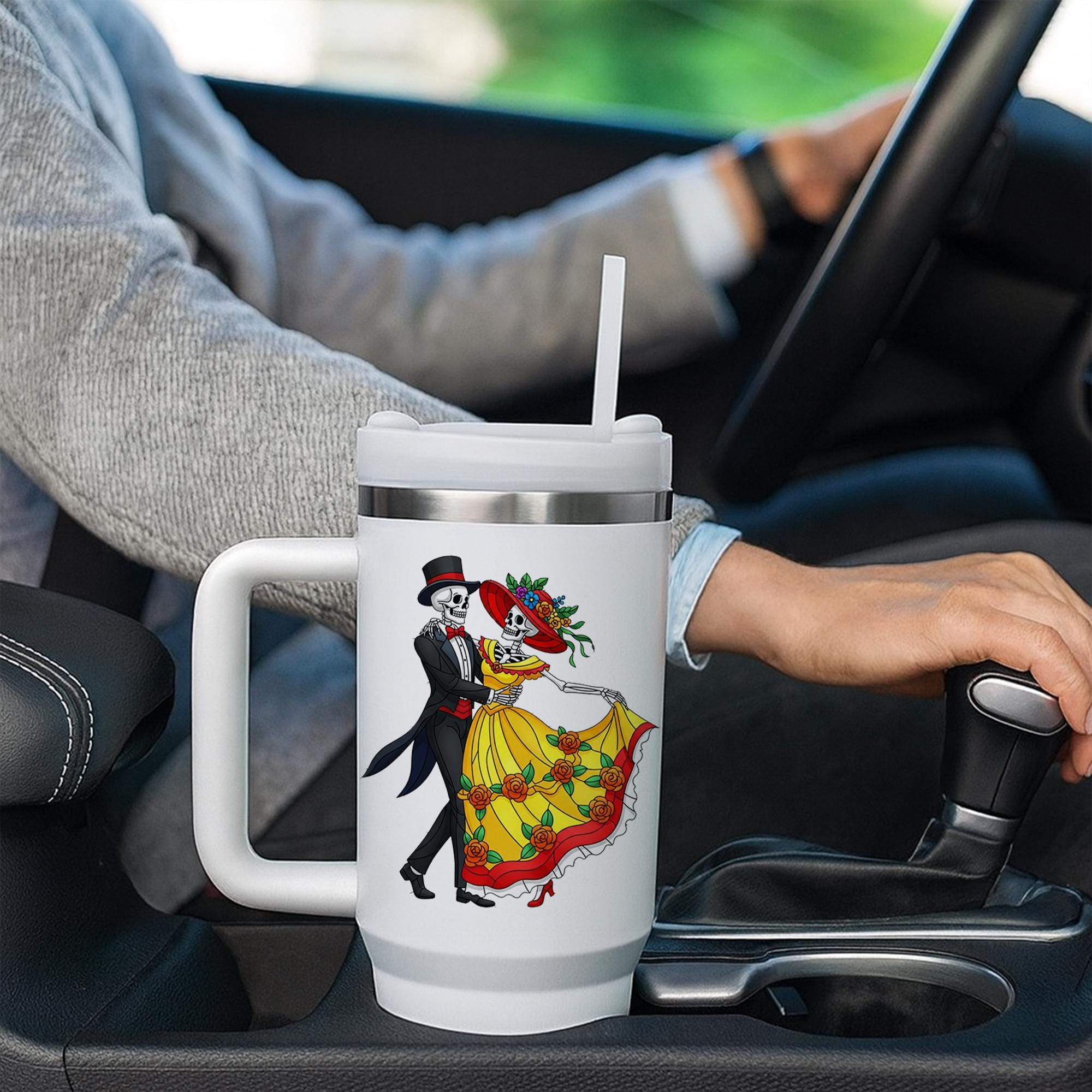 Personalized Day of the Dead Tumbler, Custom Couple Gift with Names, Dancing Skeleton Wedding Anniversary Mug, La Catrina Travel Cup