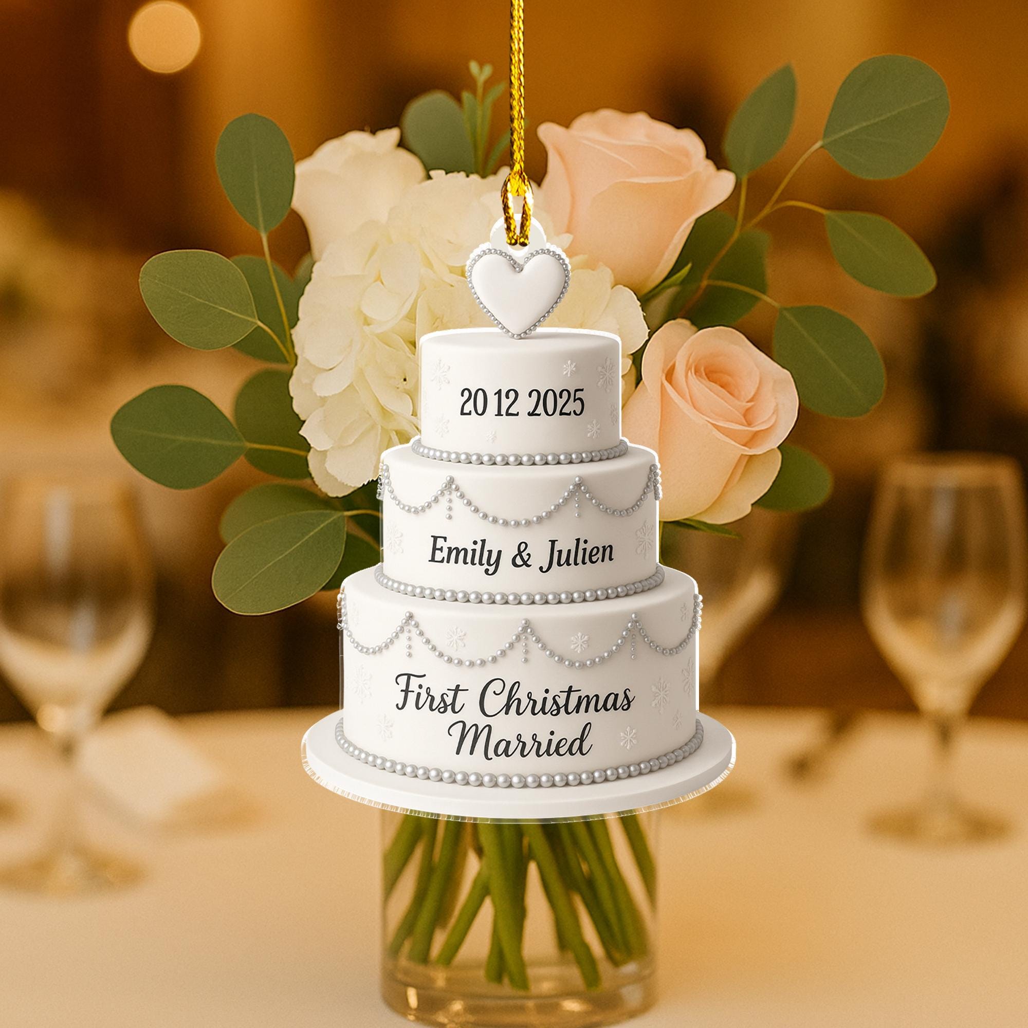Personalized Wedding Cake Ornament – First Christmas Married – Acrylic Keepsake Gift 2025