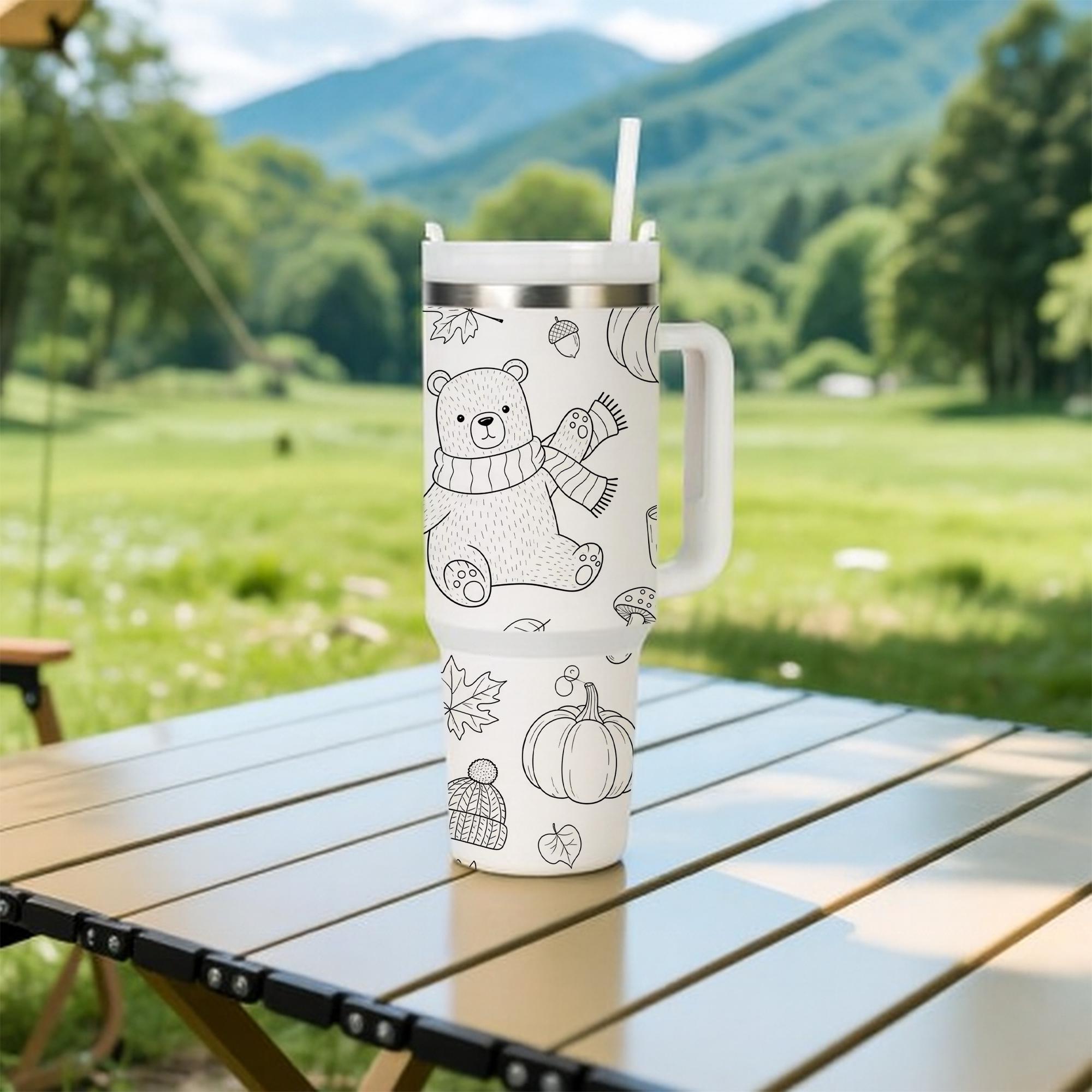40 oz Fall Tumbler with Handle, Cute Bear Tumbler, Pumpkin Autumn Travel Tumbler, Color Your Own Tumbler, Cozy Gift for Her, Fall Tumbler