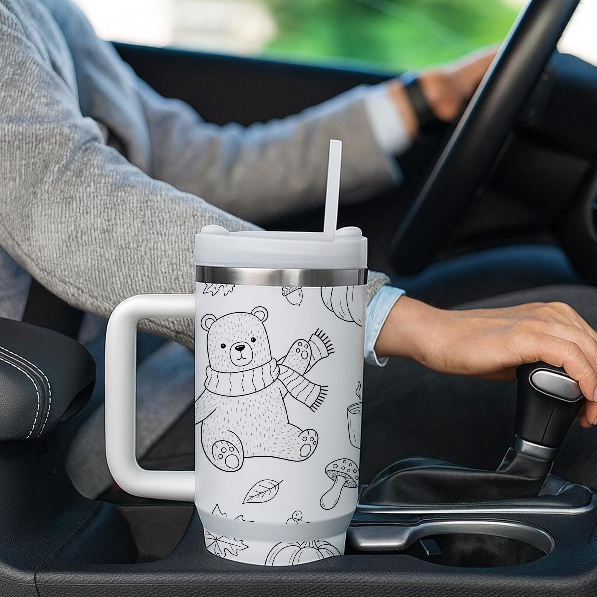40 oz Fall Tumbler with Handle, Cute Bear Tumbler, Pumpkin Autumn Travel Tumbler, Color Your Own Tumbler, Cozy Gift for Her, Fall Tumbler