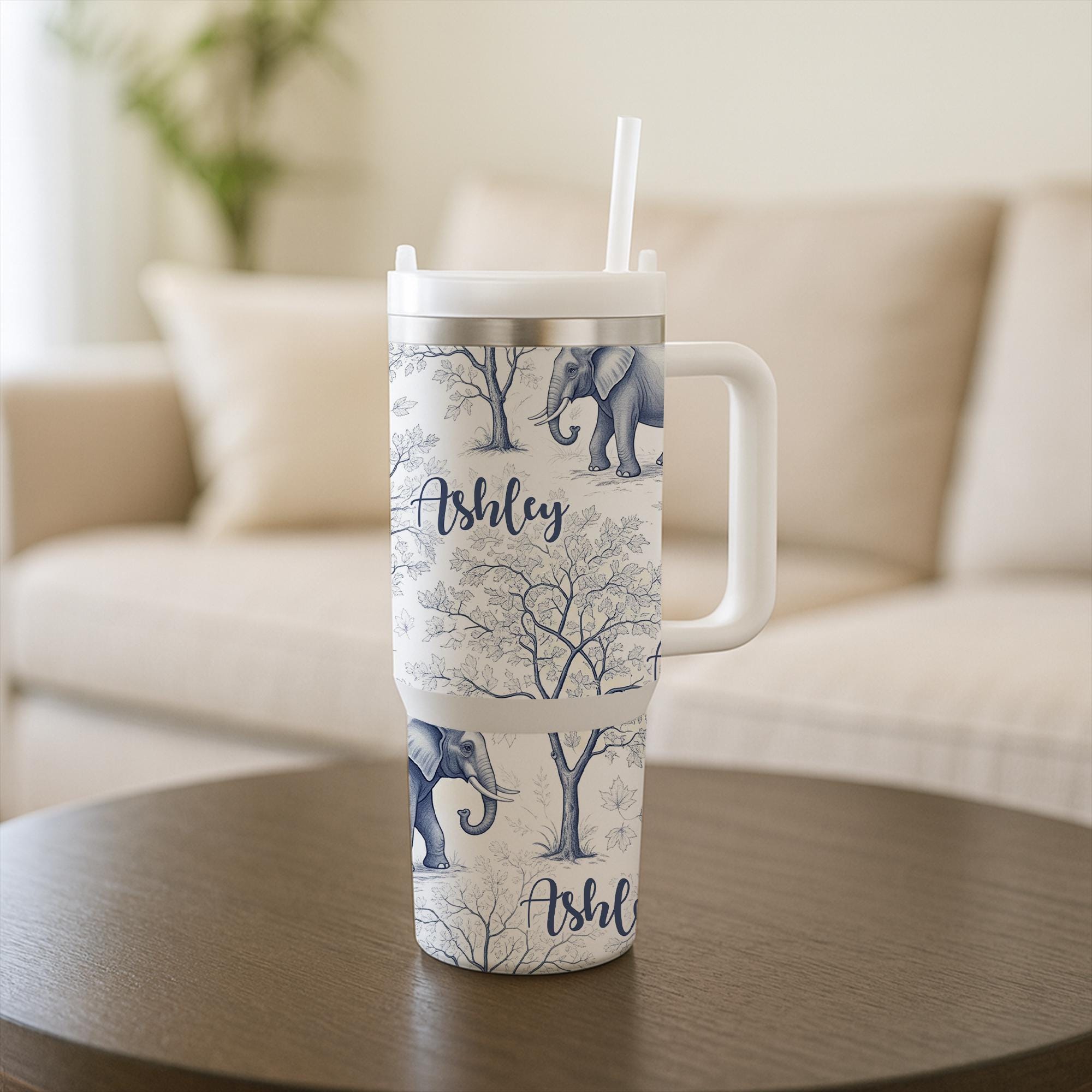 40 oz Elephant Tumbler with Handle, Personalized Name Tumbler, Custom Safari Tumbler, Large Travel Tumbler, Unique Gift for Her