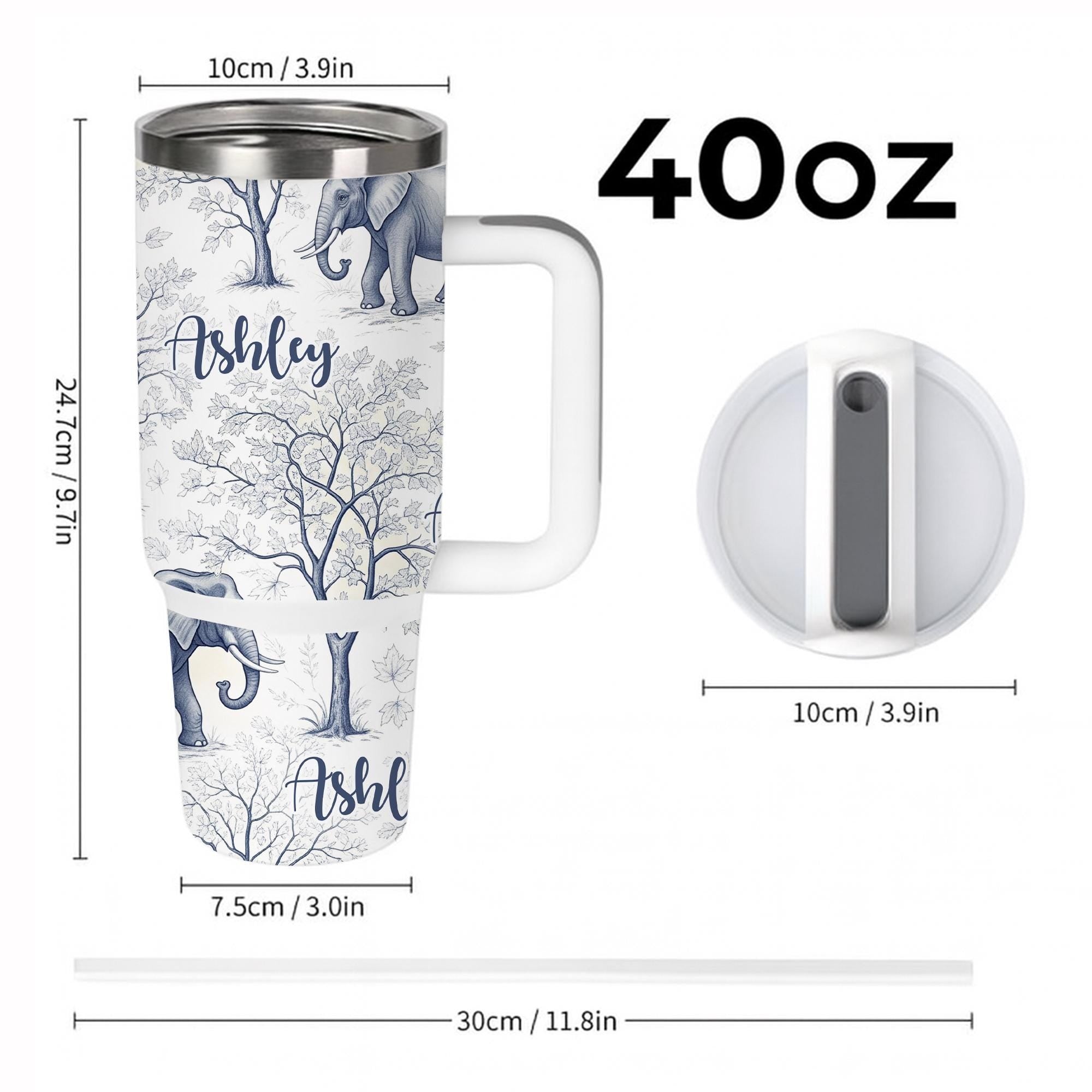 40 oz Elephant Tumbler with Handle, Personalized Name Tumbler, Custom Safari Tumbler, Large Travel Tumbler, Unique Gift for Her